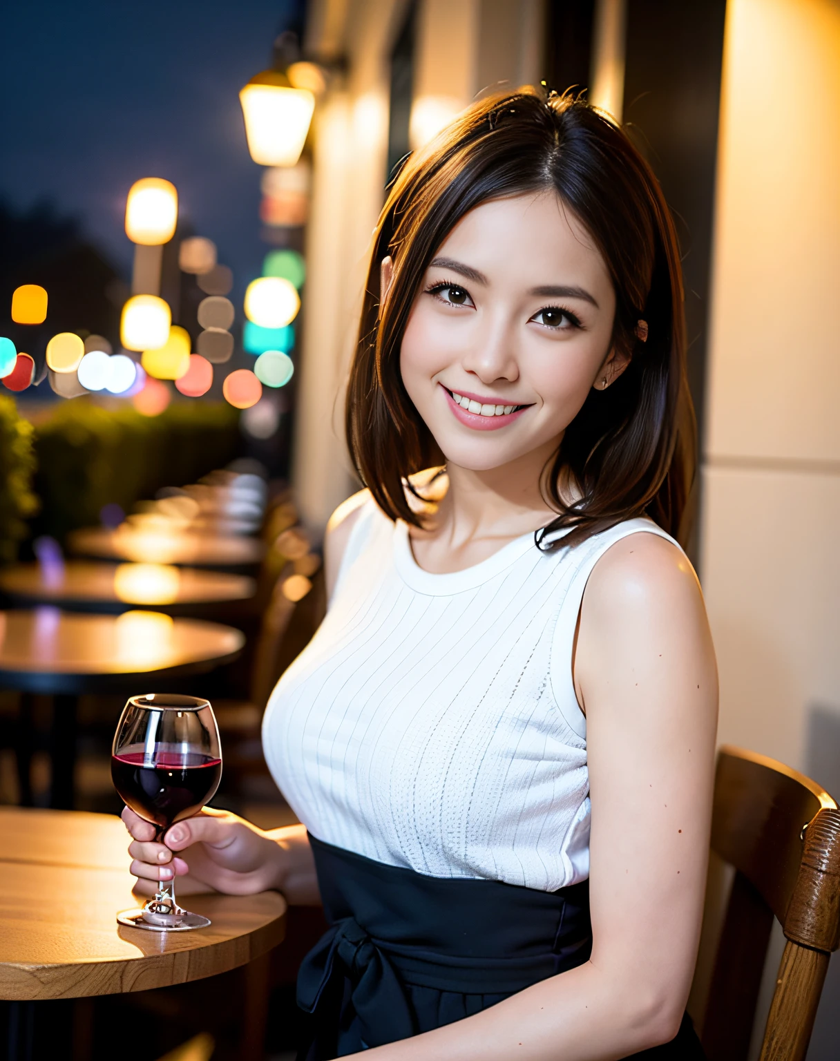 (64K, UHD, top quality, masterpiece: 1.2), (realistic, photorealistic: 1.37), super detailed, pretty woman 1 person, (slim face), (slim body), (brown hair), (short cut), cheeks slightly blushing, (44 years old), 38 years old, solo, beautiful detailed urban night view outside the window, restaurant, wine glasses sit, at night, in a prominent placeNovaFrogStyle, Actress, Model, Waist Up, White Wine, Slim, Wine Glass, Super Clean Night View, Wine Glass Put in the Middle, Happy Smile, (Smile: 1.15), Beautiful Fine Eyes, Upper Body, Bust Japan Up, Night, Short, Short, Actress, Model, Waist Up, White Wine, Slim, Wine Glass, Super Clean Night View, Wine Glass Put in the Middle, Happy Smile,