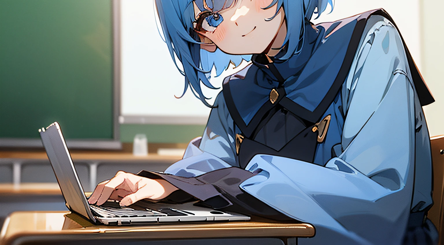 Upper body, Medium Shot Shot, femele, Detailed eyes, ((Anime girl sitting at laptop table)), , Short hair, Blue hair, bangs,School classrooms,Dark blue uniform, Long sleeves,、frontage、 Smiling smile,The brightness of the picture is low.