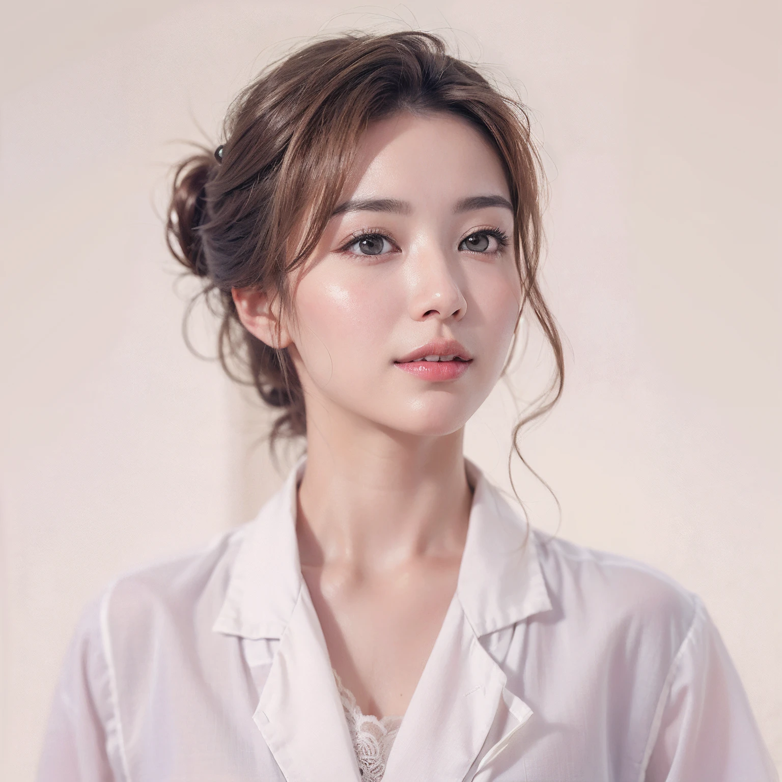 Portrait of a 28-year-old woman。She is a beautiful woman who can be liked by both men and women.、Occupational pattern as a beauty counselor with a clean appearance、So that its appearance can be conveyed。(Her hair is long and beautifully chignon、Feminine style stands out。:1.2)Makeup is unified、Overall sophisticated image。(Close-up of the area from the chest upwards、The direction of the body is front, the gaze is looking forward。The expression is warm、She has a soft smile in her eyes。:1.1)Wear a professional blouse in calm tones and a lab coat。(Posing、Like used in hospital advertising、It's a sign of trust.、Holding a medical record in one hand、The other hand is naturally attached to the waist。1.3)White background。
High-resolution image quality with a realistic photo touch