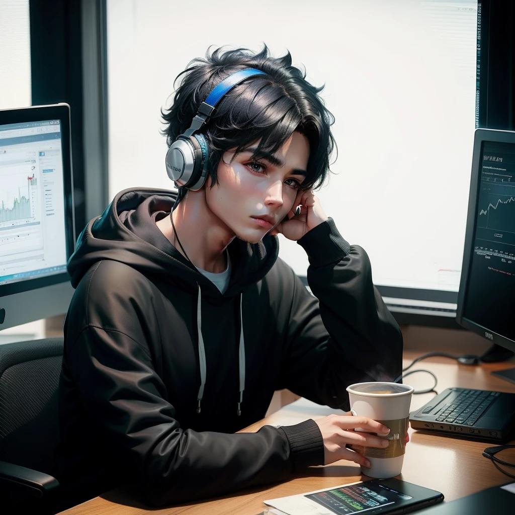 male , short black hair , black hoodie , headphone , cup on table , stock trading , forex ,