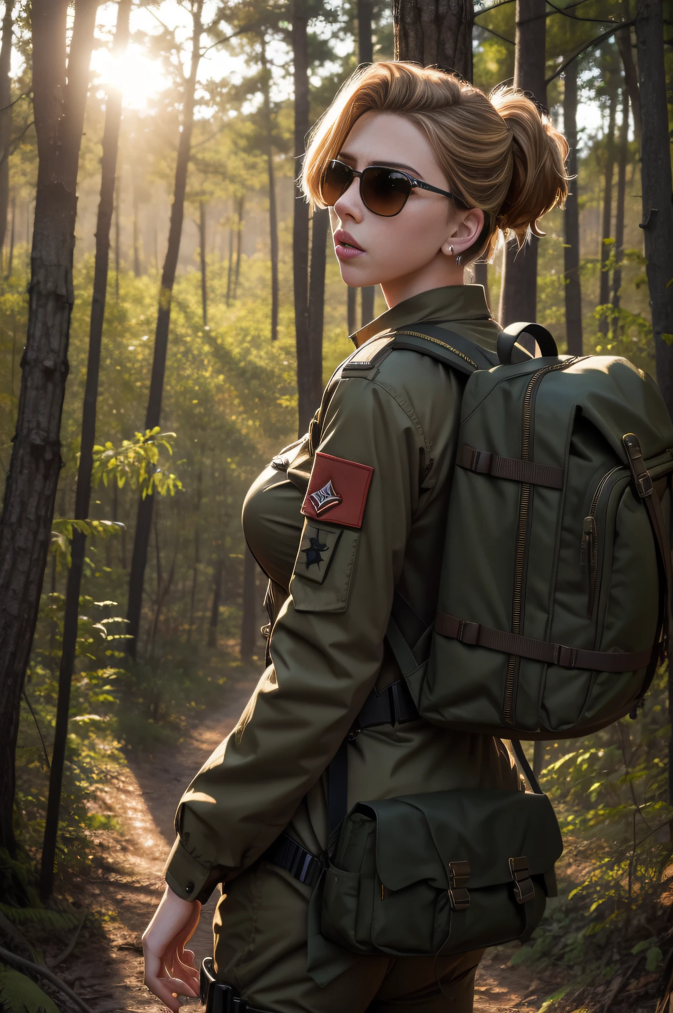 high quality photograph, Scarlett Johansson in military-style clothes, sexy and seductive, Sunglasses, Backpack on the back, in the woods, Sunny day