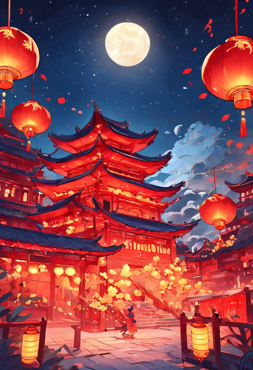 Mid-Autumn Festival,Moon cake, Auspicious clouds, Red lanterns, Exquisite ancient Chinese architecture, In the background is a huge moon, With vector line illustration, amarelo、Red and dark blue tones, Abstract picture, surrealism, Clear background trends, clear contour light, Edge light, fantasy, Dappled light, Flat illustration,Disney style, 8K, --AR 9:16 --q 2 --niji 5