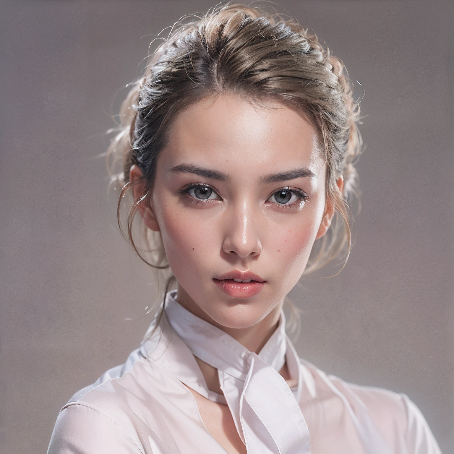 A portrait of a 28-year-old woman. She exudes an attractiveness admired by both genders. Her appearance is characterized by the purity and professionalism of a beauty counselor. Her long hair is gracefully tied up in a chignon, emphasizing her feminine style (1.2). The makeup is consistent and gives an overall polished look. The portrait focuses closely on her chest upwards; she faces the front with her gaze fixed ahead. Her expression is warm, with a gentle smile radiating from her eyes (1.1). She's dressed in a professionally toned blouse, layered with a white coat. Her pose is reminiscent of those found in hospital advertisements, radiating trustworthiness. One hand holds a medical chart while the other naturally rests on her hip (1.3). The background is white. The desired output is a high-resolution photo with a realistic touch.