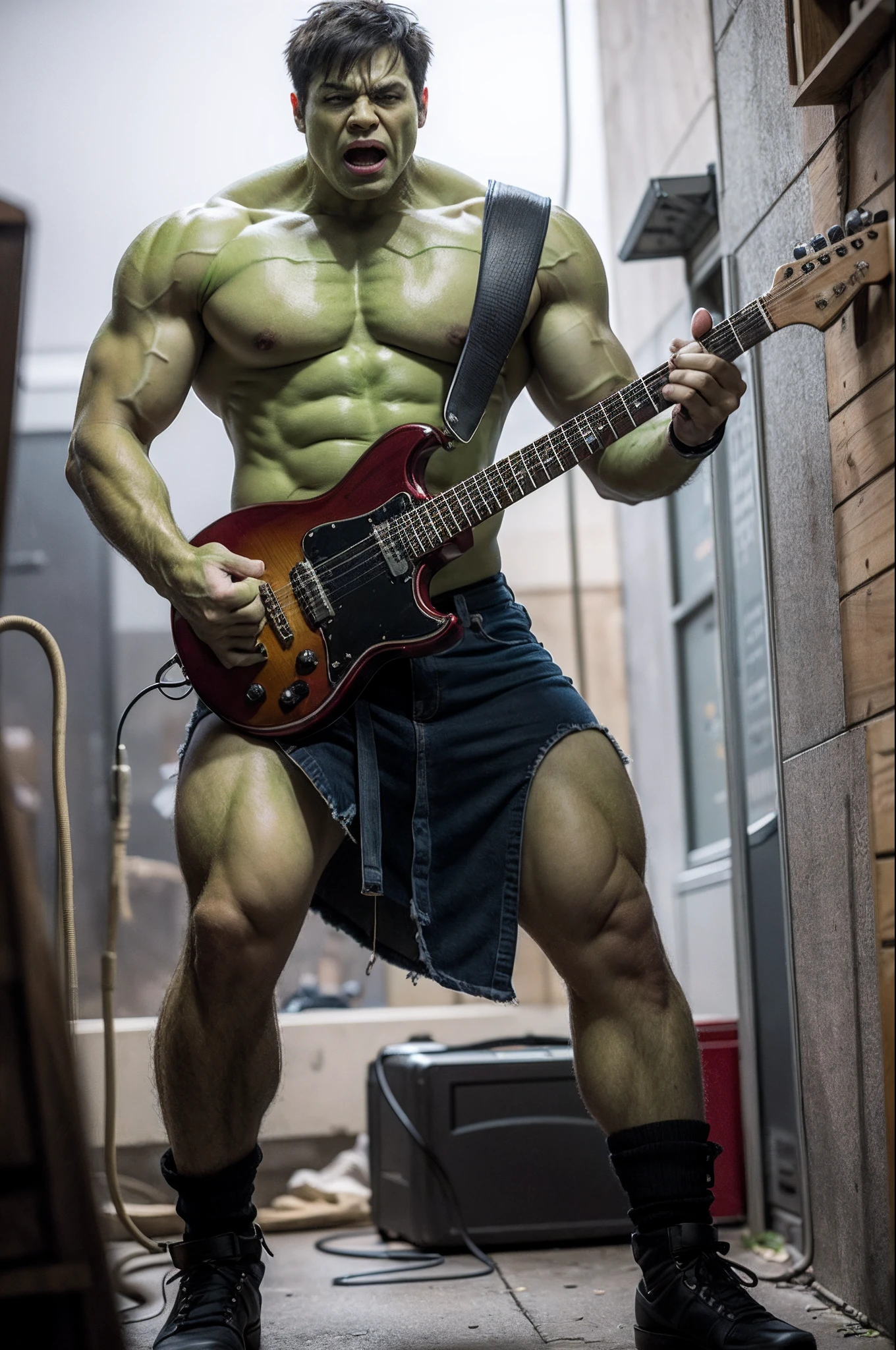 1male, Hulk with a guitar, green skin, Standing, Adult, Slim, buzz cut, Punk Man, Mad Max, (disheveled clothes: 1.4),