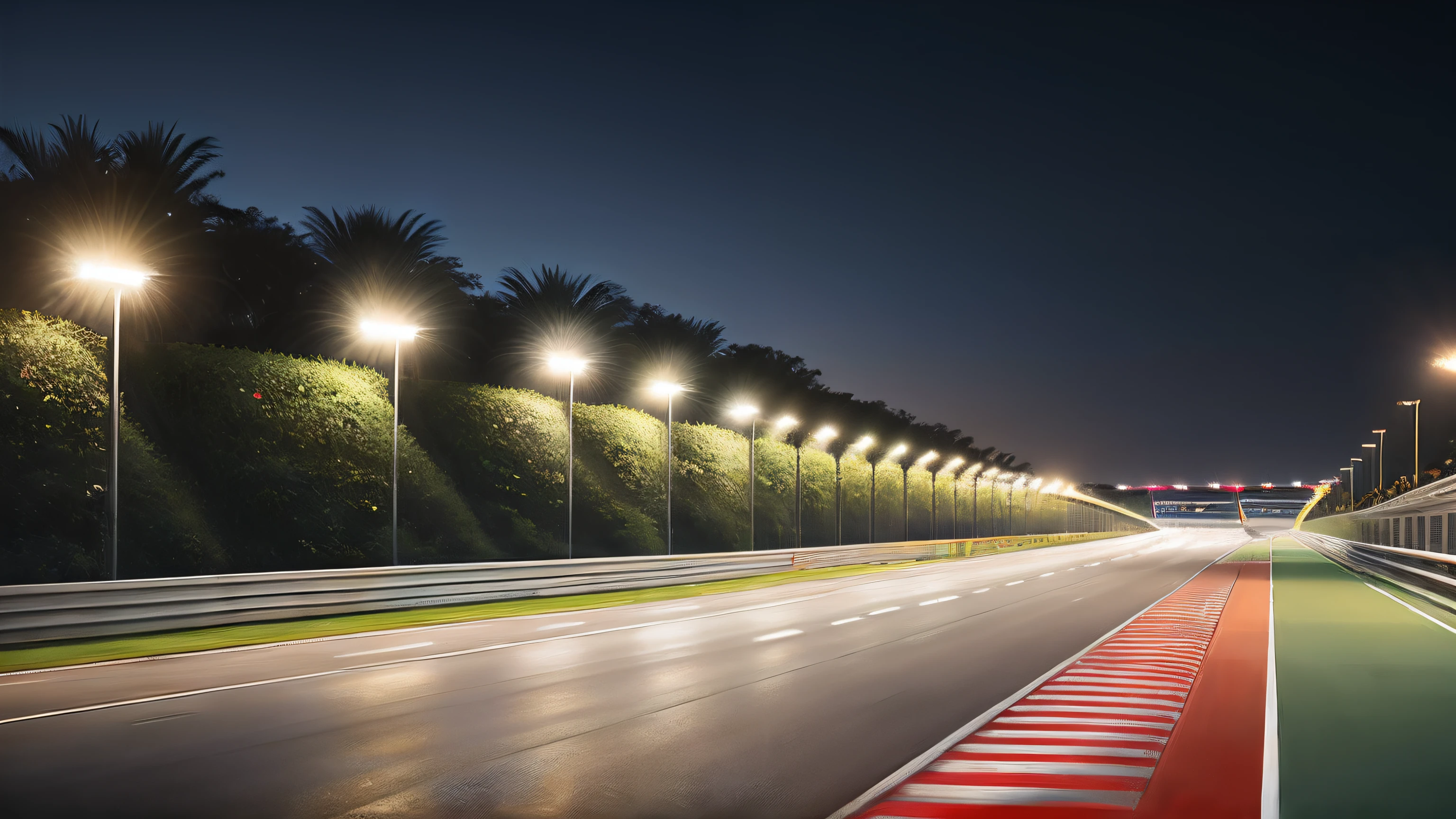 Low angle of F1 track, racing road, racing race sign, night scene, singapore landmark in the background , photo realistic , art station trend, sharp focus, intricate detail, high detail, ambient light, ray tracing