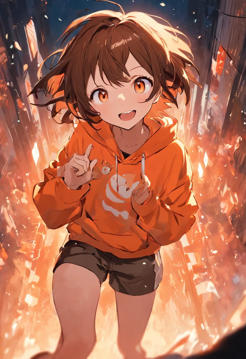 Youth！！！！Short brown hair, Hair fried slightly, Realistic wolf-eared, Orange sweatshirt, White quick-drying pants, Selfie stick, Playful expression, High quality, Masterpiece, Dark orange eyes, highly details eye, Medium shot, urban backdrop，The characters have optimistic expressions，big laughter