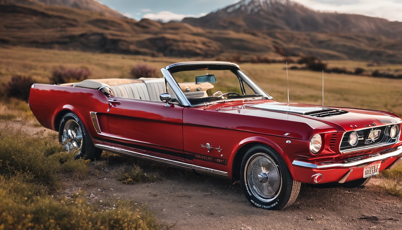 automotive photography、Mustang Convertible、Red color car、American man in cowboy hat、45 yers old、Hoarded beard、Country roads、Shining sunshine