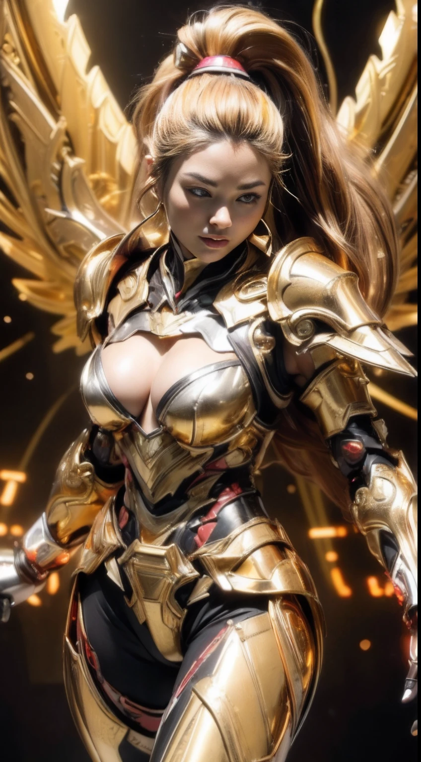 (((soft smiling、kindly smile、Female Warrior of Eldorado、Goddess of Battle with Spread Golden Wings)))、Left and right symmetrical eyes、Eyes with good balance between left and right、((top-quality:1.4、8K、32K、nffsw:1.3))、(unparalleled masterpiece ever)、(Photorealsitic:1.4)、Real 1.2、realistic textured skin、A detailed face、A detailed eye、Detailed eyes and iris(Golden Eyes)、Detailed lips、((Raw photography、真实感:1.6))、1girl in、Japan age beautiful girl、Beautiful woman with fair skin、(((silber hair、The long-haired、High Up Ponytail)))、[[Intricate mechanical armor shining in gold(Complex light reflection)、Mechanical armor of complex structure(golden colored)、Mechanical body with intricate details、(Realistic metallic glow、Caustics、Reflectors)、Red Cybersuit、((Full armor of the machine(golden colored)、neons:1.6))、(Fiber optic body:1.2)、Mecha Wood、Mechanical parts、Mechanical Hero、Metal Hero、Complex mechanical tights、Heavy Leg Armor、mecha corset、(((Fully mechanical armor、Super Large Heavy Duty Shoulder Armor、Heavy-duty chest armor、full armor)))、((Golden metal armor、Red and silver decoration))]]、Metal heroine、perfectly proportions、(((deep v neck、Accentuated cleavage、Woman with perfect style、Sensual body lines:1.5、Colossal tits:1.4、Overhanging udder:1.4、sideboob barbosa)))、combat style、Combat Poses、Battle poses are automatically generated、Background with(Futuristic city、Pitch black darkness and light、intergalactic)