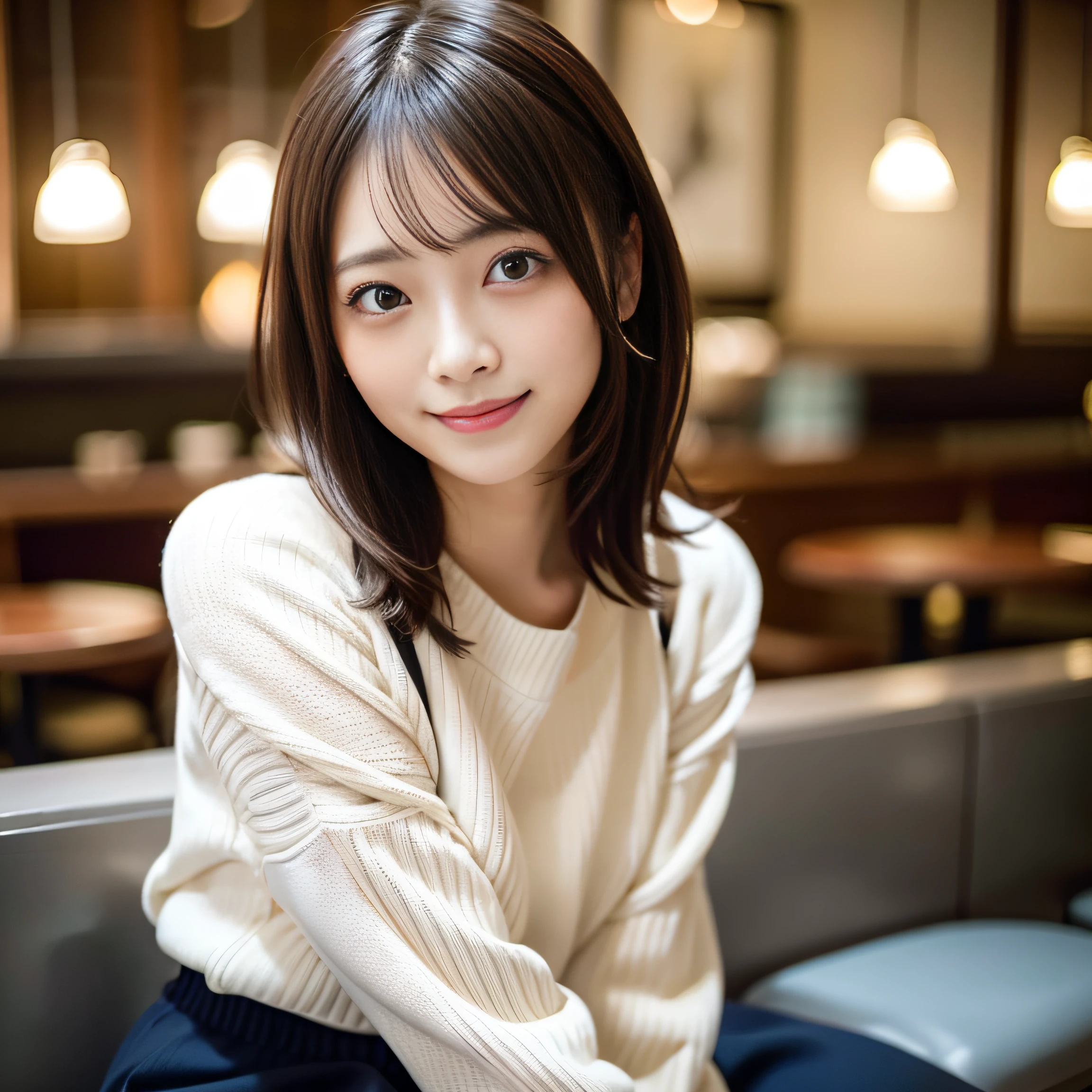 Japan girls in casual clothes、looking at the viewers、Pose with a smile(top-quality、​masterpiece)))、hight resolution、ighly detailed、​masterpiece、电影灯光、(8K、top-quality、​masterpiece:1.2)、(realisitic、Photorealsitic:1.37) Hi-Res、The ultra-detailliert、one japanese woman 、nogizaka, cute  face、35 year old:1.5、 独奏,  Textured skin:1.2, beautiful smiling face,  Detailed Cafe, natta, 电影灯光、 sitting on、Dating、(Shy smile:1.2)、Medium chest、beautiful finely detailed eyes、(Sweaters:1.1)、natta、from waist up:1.2、shorth hair