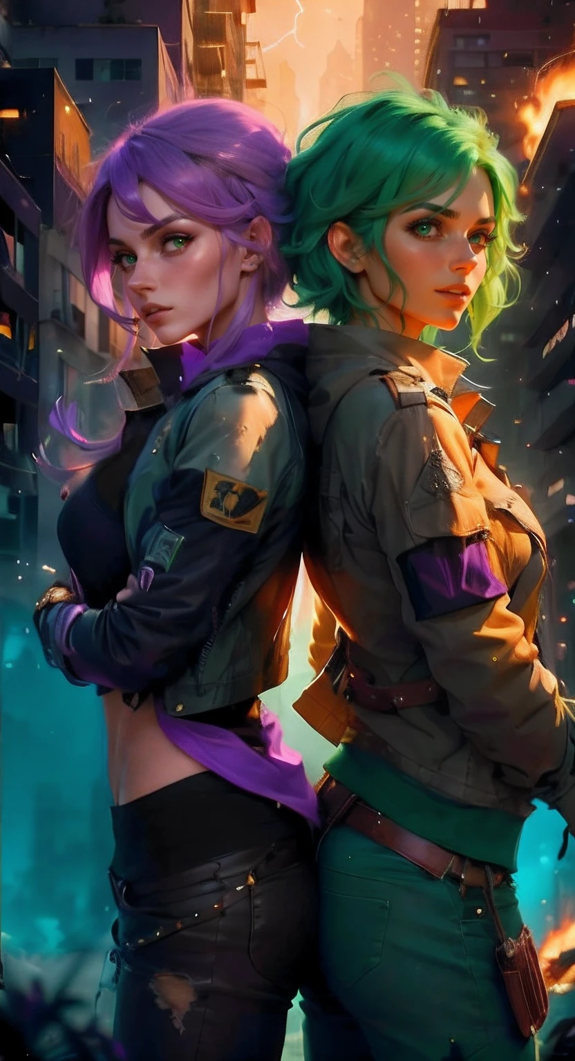 melhor qualidade, realista. 2 MULHERES, a girl with lilac hair/roxo. A outra garota tem cabelos verdes/verde. They are in the middle of a burning city, it is night time