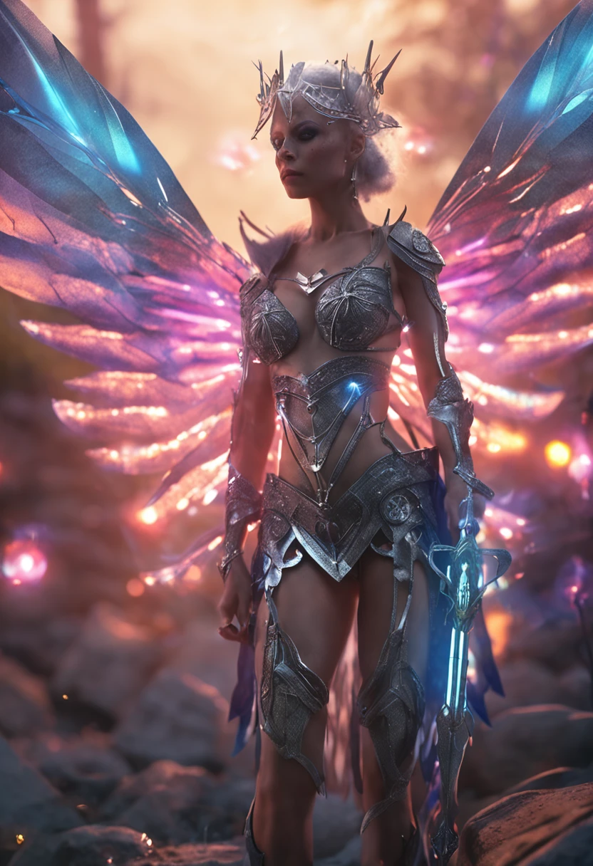 A female fairy wearing an eye patch,Silver crystal wings,Naked,Wielding a glowing spear,Gives out a lot of light and a strong shield,The hardest rocks strike the best poses, She shows an aura of positivity and negativity