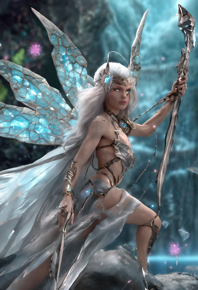 A female fairy wearing an eye patch,Silver crystal wings,Naked,Wielding a glowing spear,Gives out a lot of light and a strong shield,The hardest rocks strike the best poses, She shows an aura of positivity and negativity