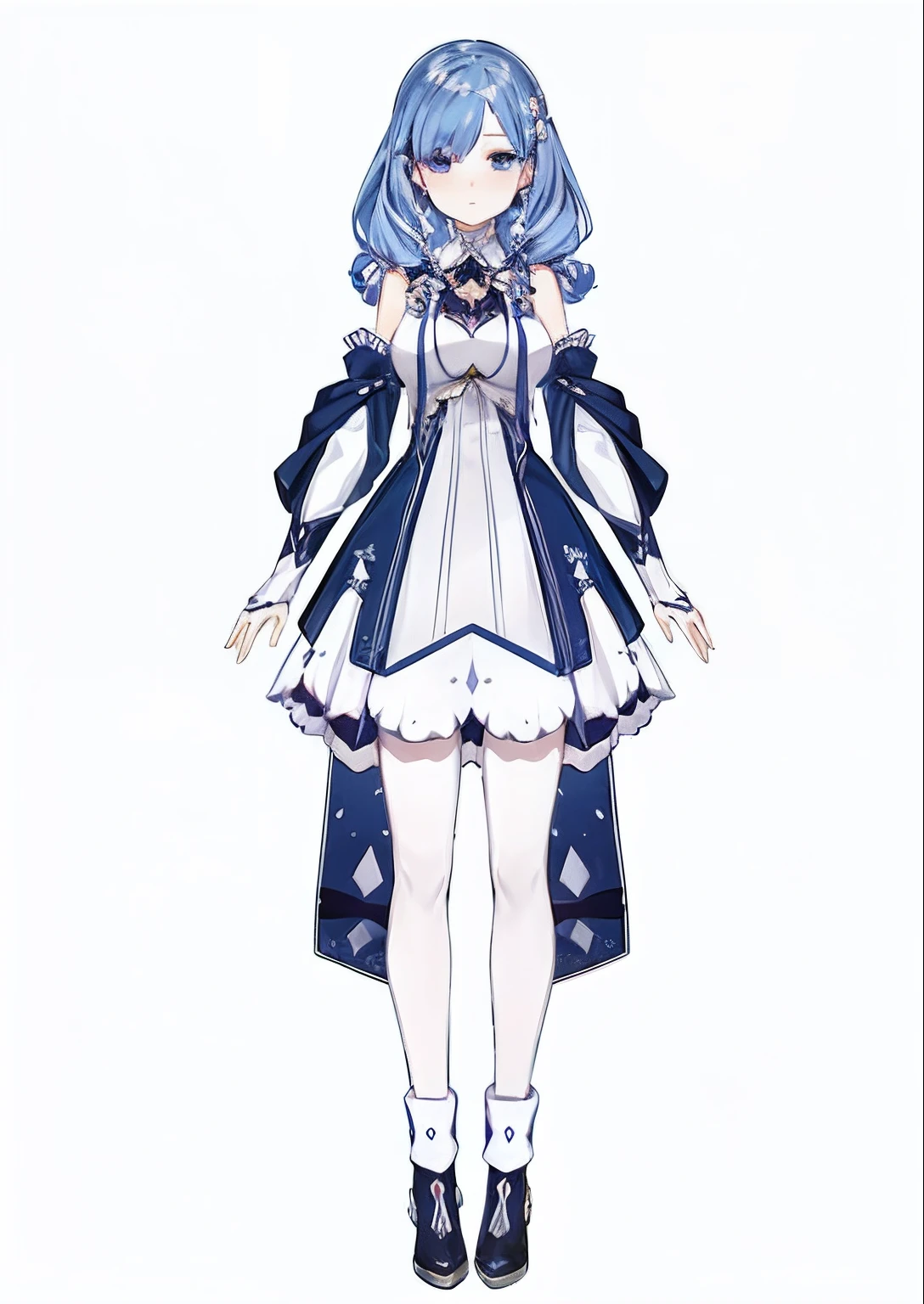 a close up of a person in a dress and hat, Elegant evening dress, anime full body illustration, Water drop themed costume, cute anime，wearing beautiful clothes, clothing design, pretty anime character design, full body adoptable, anime vtuber full body model, evening formal robes, Wear urban formal attire, Full body dinner style, regal dark blue clothes