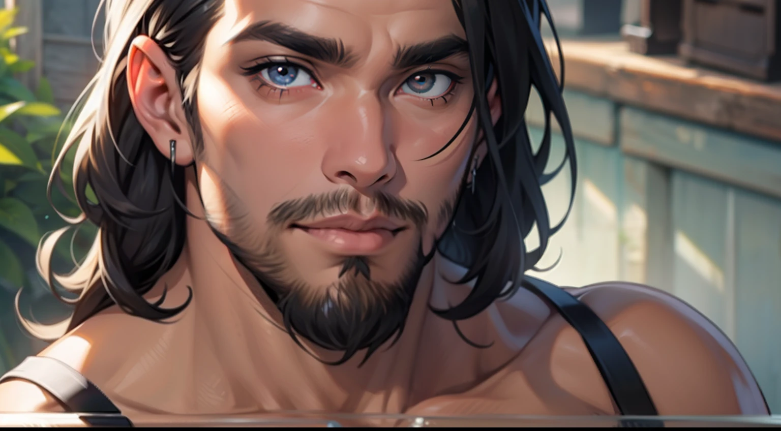 cara bonito,cabelos de cor preto curto,com olho castanho puxado, com barba curta, Asian eyes, rosto redondo