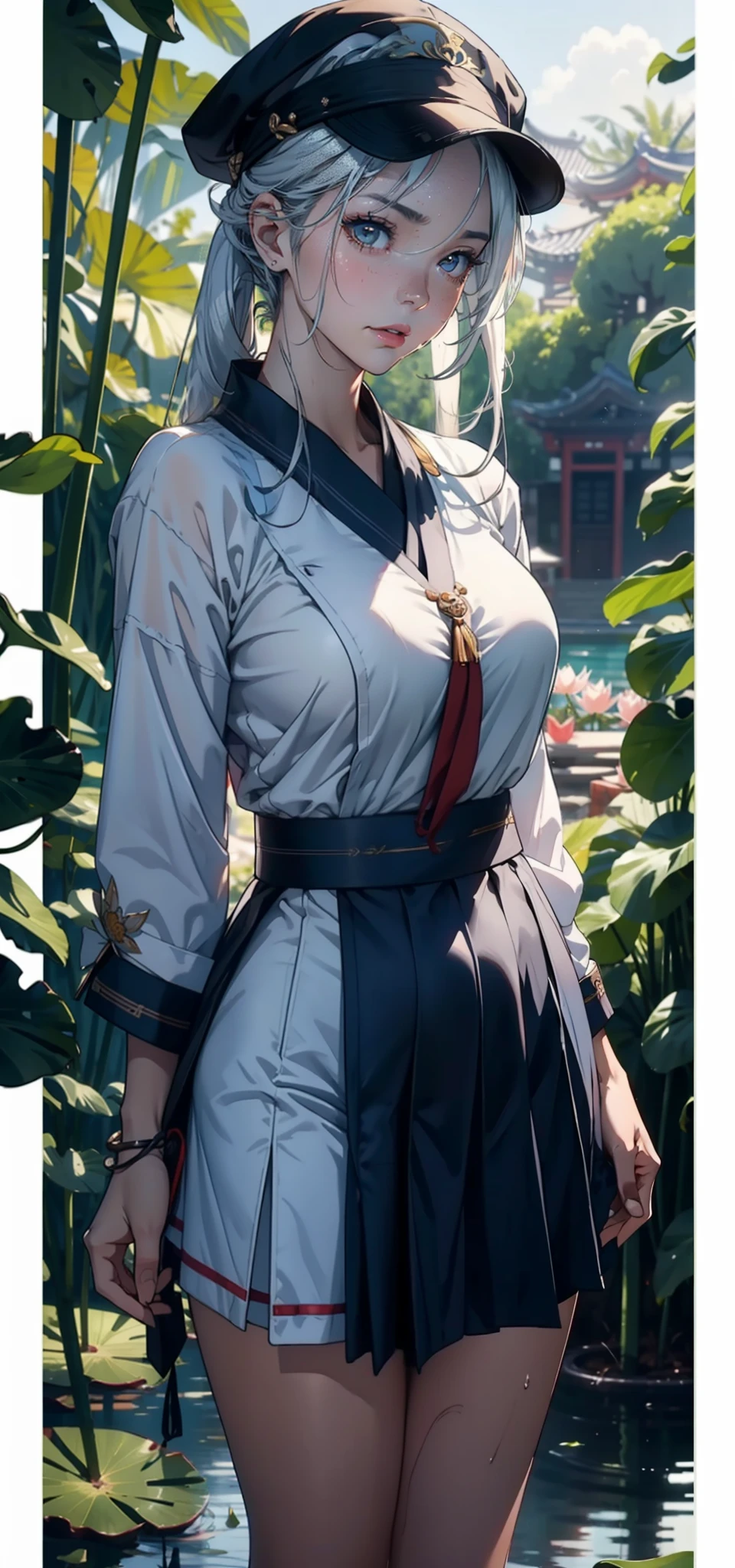 1female,35yo,熟妇,long leges,Big breasts Thin waist,Slim,huge-breasted ,Pornographic exposure, 独奏,(Background with:bamboo forrest,lotuses,lotus flower,exteriors,Lotus pond) She has short silver-white hair,standing on your feet,Sweat profusely,drenched all over the body,seen from the front, hair straight, mostly cloudy sky,(((tmasterpiece),(Very detailed CG unity 8K wallpaper),best qualtiy,cinmatic lighting,detailed back ground,beatiful detailed eyes,Bright pupils,Black eyes,(Very fine and beautiful),(Beautiful and detailed eye description),ultra - detailed,tmasterpiece,)),facing at camera,A high resolution,ultra - detailed),revealing breasts,Bare genitalia, Bulge,legs are open,Raised sexy,Camel toes,Flushed complexion,Open-mouthed,frontage,high school senior,Sailor's cap(Wearing:Chinese Ancient Times,Sailor uniform,Pleated skirt in blue color,athletic sneakers)