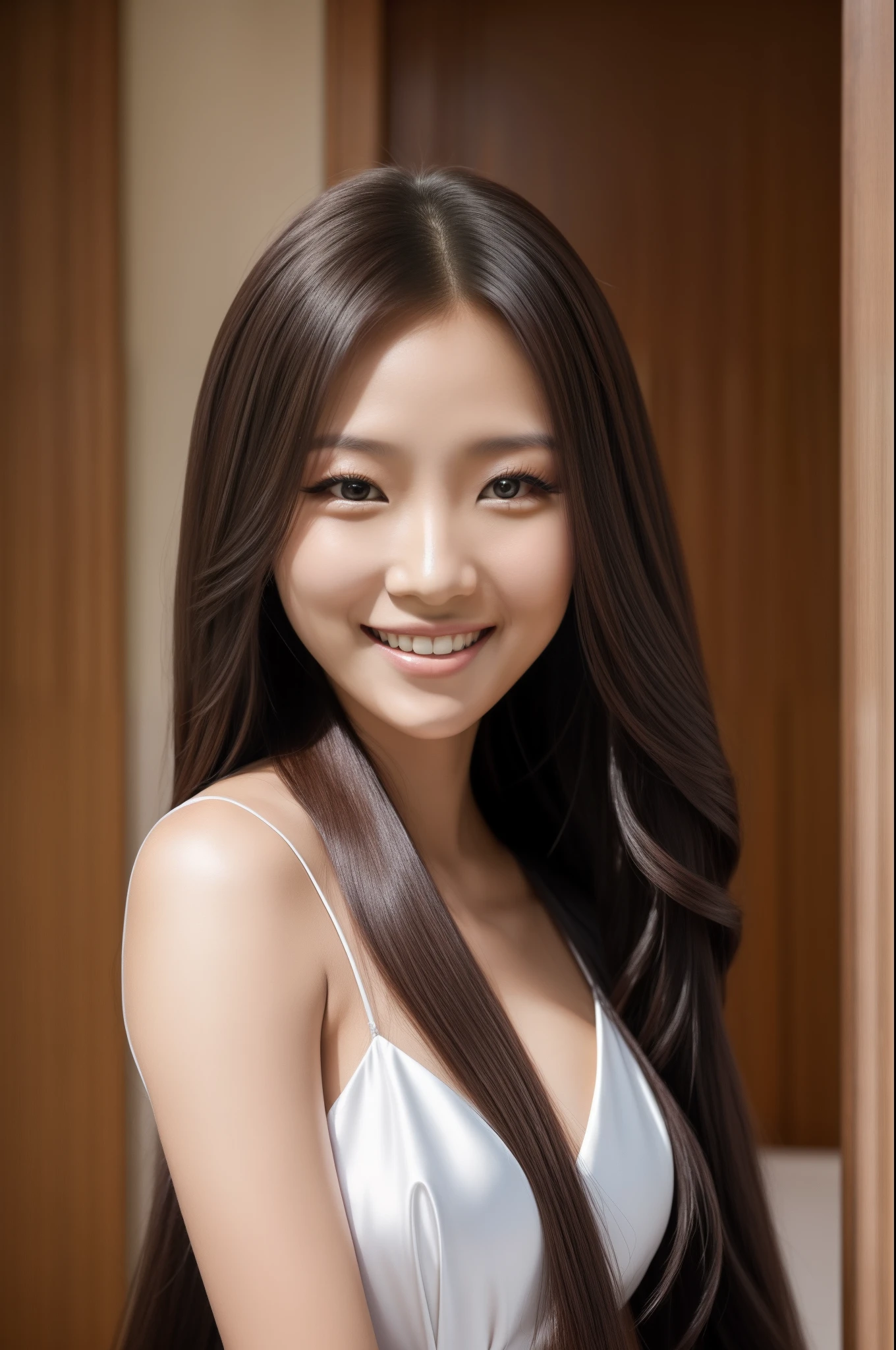 A woman with long hair in a dress, wearing long gown, Girl with long hair, with a seductive smile, beautiful and smiling,, Long hairstyle, Lovely smile, beautiful Korean women，high qulity，Raised sexy，Very sexy， posing on a，Face the lens，looks into camera，ultra-clear，full bodyesbian