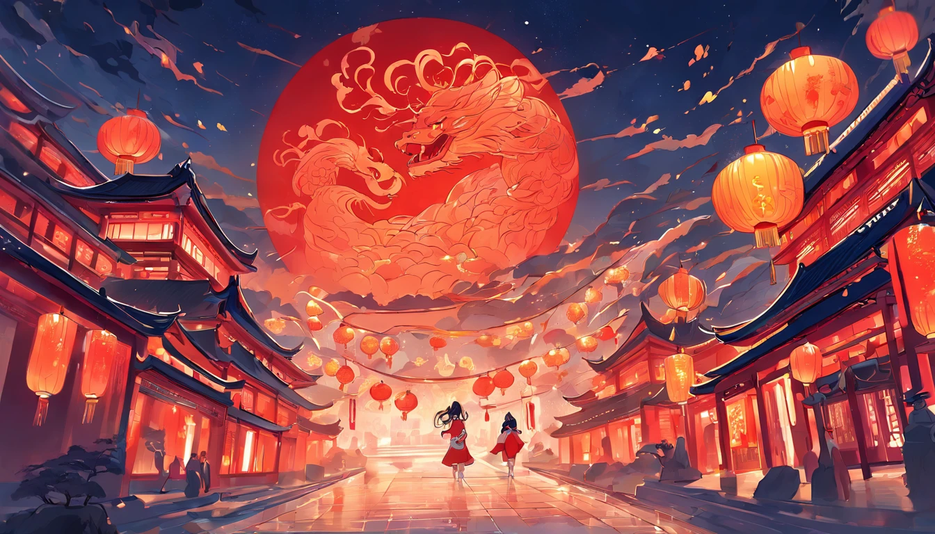 Mid-Autumn Festival,Moon cake, Auspicious clouds, Red lanterns, Exquisite ancient Chinese architecture, In the background is a huge moon, With vector line illustration, amarelo、Red and dark blue tones, Abstract picture, surrealism, Clear background trends, clear contour light, Edge light, fantasy, Dappled light, Flat illustration,Disney style, 8K, --AR 9:16 --q 2 --niji 5