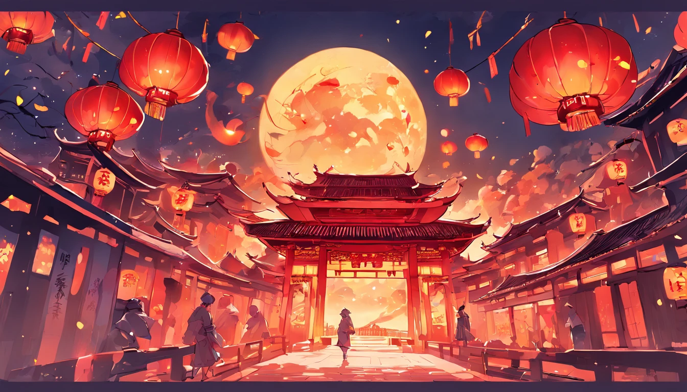 Mid-Autumn Festival，Moon cake， Auspicious clouds, Red lanterns, Exquisite ancient Chinese architecture, In the background is a huge moon, With vector line illustration, amarelo、Red and dark blue tones, Abstract picture, surrealism, Clear background trends, clear contour light, Edge light, fantasy, Dappled light, Flat illustration,Disney style, 8K, --AR 9:16 --q 2 --niji 5