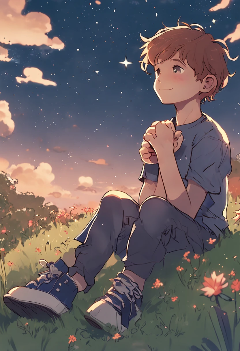 A boy under the stars Sitting on the grass with his back No face Looking at the universe The sky is full of stars Short hair Blue casual clothes Characters account for less than a quarter