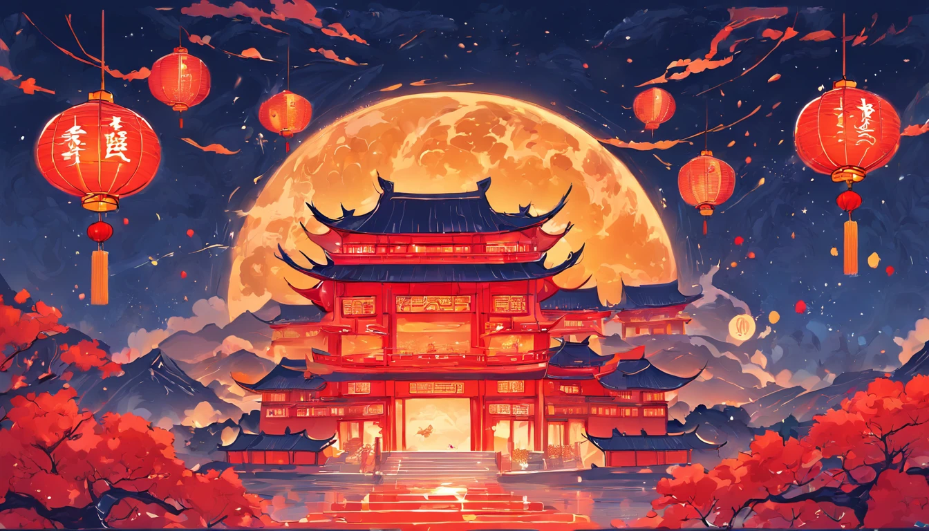 Mid-Autumn Festival,Moon cake, Auspicious clouds, Red lanterns, Exquisite ancient Chinese architecture, In the background is a huge moon, With vector line illustration, amarelo、Red and dark blue tones, Abstract picture, surrealism, Clear background trends, clear contour light, Edge light, fantasy, Dappled light, Flat illustration,Disney style, 8K, --AR 9:16 --q 2 --niji 5
