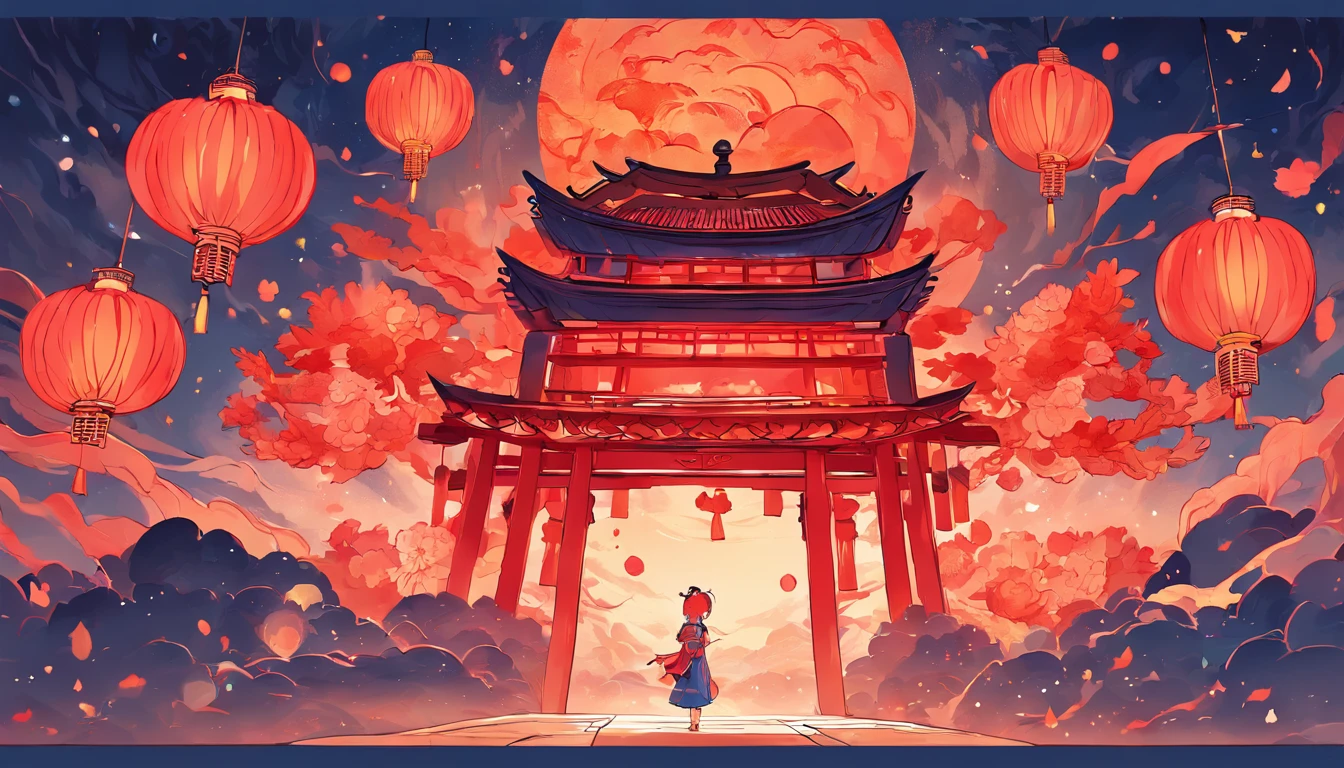 Mid-Autumn Festival，Moon cake， Auspicious clouds, Red lanterns, Exquisite ancient Chinese architecture, In the background is a huge moon, With vector line illustration, amarelo、Red and dark blue tones, Abstract picture, surrealism, Clear background trends, clear contour light, Edge light, fantasy, Dappled light, Flat illustration,Disney style, 8K, --AR 9:16 --q 2 --niji 5