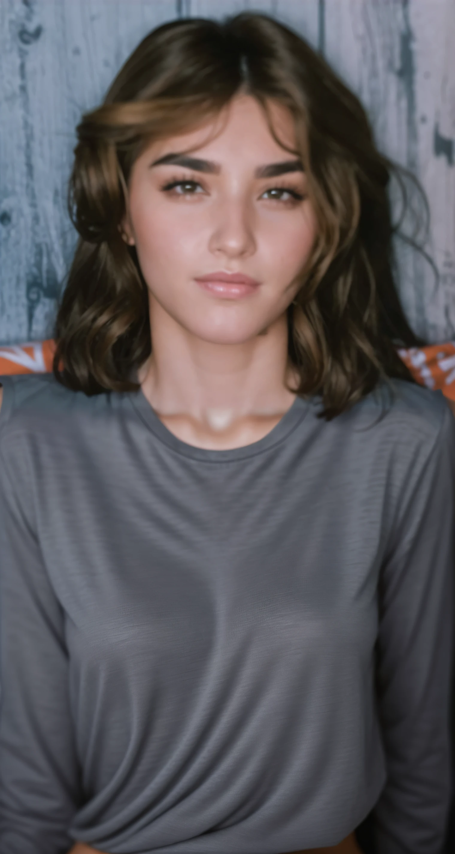 arafed woman with a gray shirt and a brown hair, soft portrait shot 8 k, stunning upperbodyshot, wavy shoulder-length hair, looking straight to camera, photo of young woman