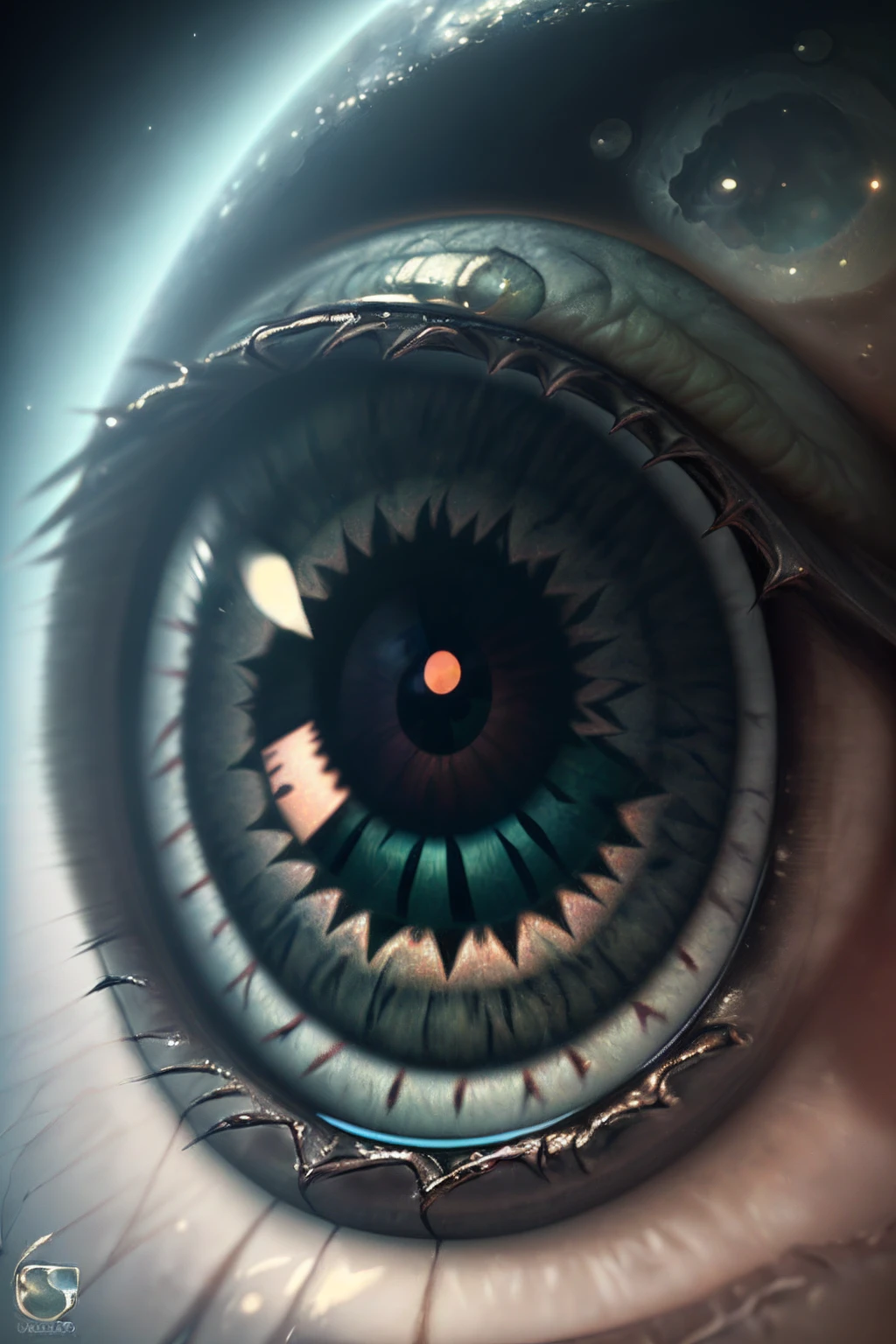 arafed, high details, best quality, 16k, [ultra detailed], masterpiece, best quality, (extremely detailed), dynamic angle, ultra wide shot, RAW, photorealistic, a extreme magnified picture of the human eye, green iris, a full moon being reflected on the eye, 3D rendering, [[anatomically correct]]