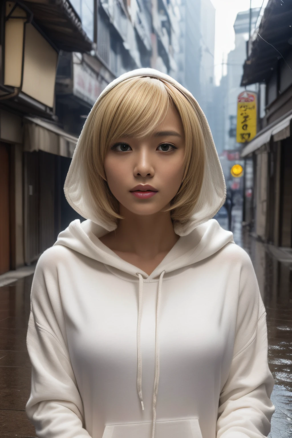 8k, best quality, ultra high res, (photo realistic:1.4), (Japanese famous actress:1.2), very beautiful, kawaii, professional photograph, an extremely delicate and beautiful, extremely detailed, extremely detailed beautiful girl, extremely detailed face, extremely detailed eyes, extremely detailed skin, extremely detailed fingers, extremely detailed nose, extremely detailed mouth, perfect anatomy, realistic body, fair skin, shiny skin, slender body, good figure, looking at viewer, (blond hair:1.2), (very short hair:1.2), flat chest, (tanned skin:1.5), black gal, dynamic lighting, white hoodie, (hood up1.3), (houses stand vertically on top of each other, forming a dense canyon, like kowloon city :1.0), (Wet Rain, Wet Body: 1.5), (hard rain:1.4), sitting,