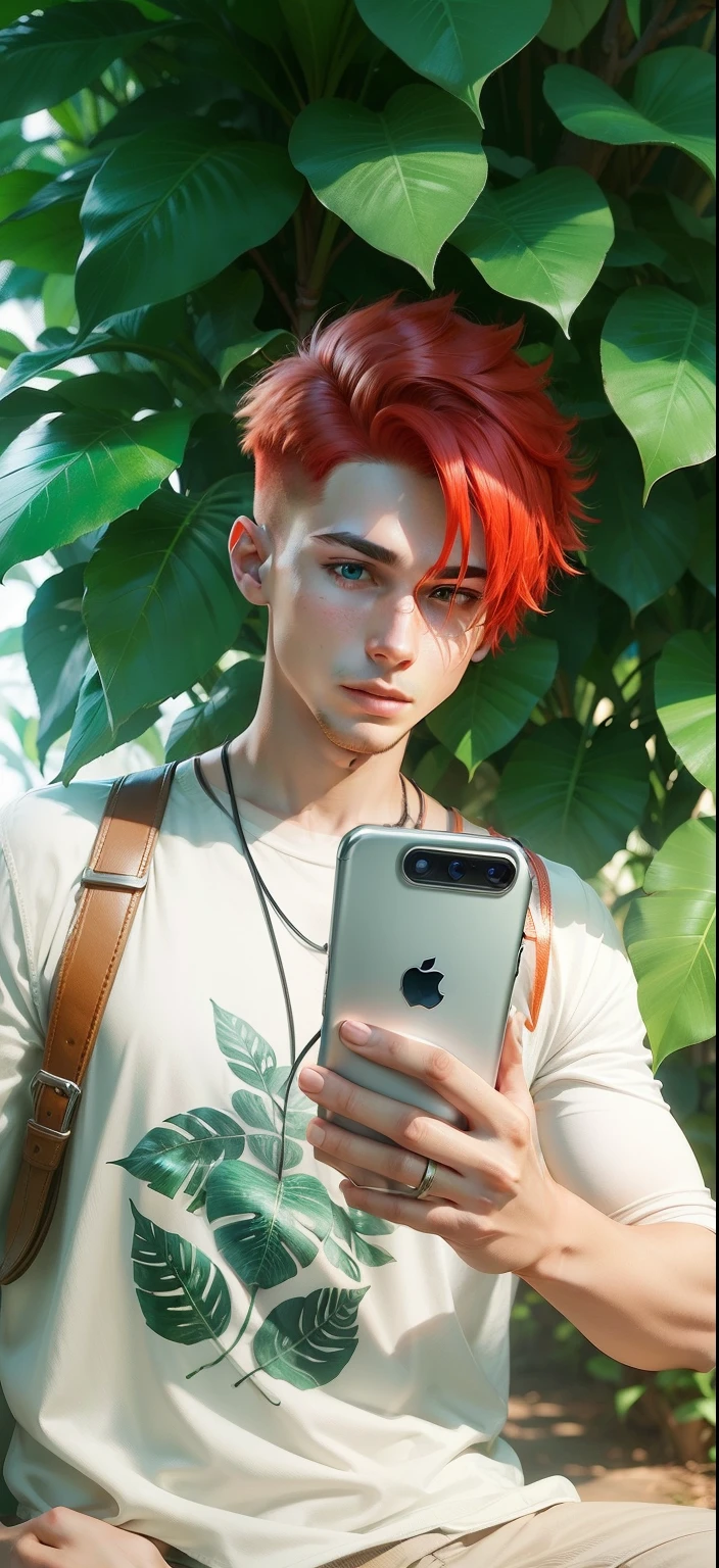 Boy with Phone futuristic leaf background realistic face, Red Hair ultra high quality HD