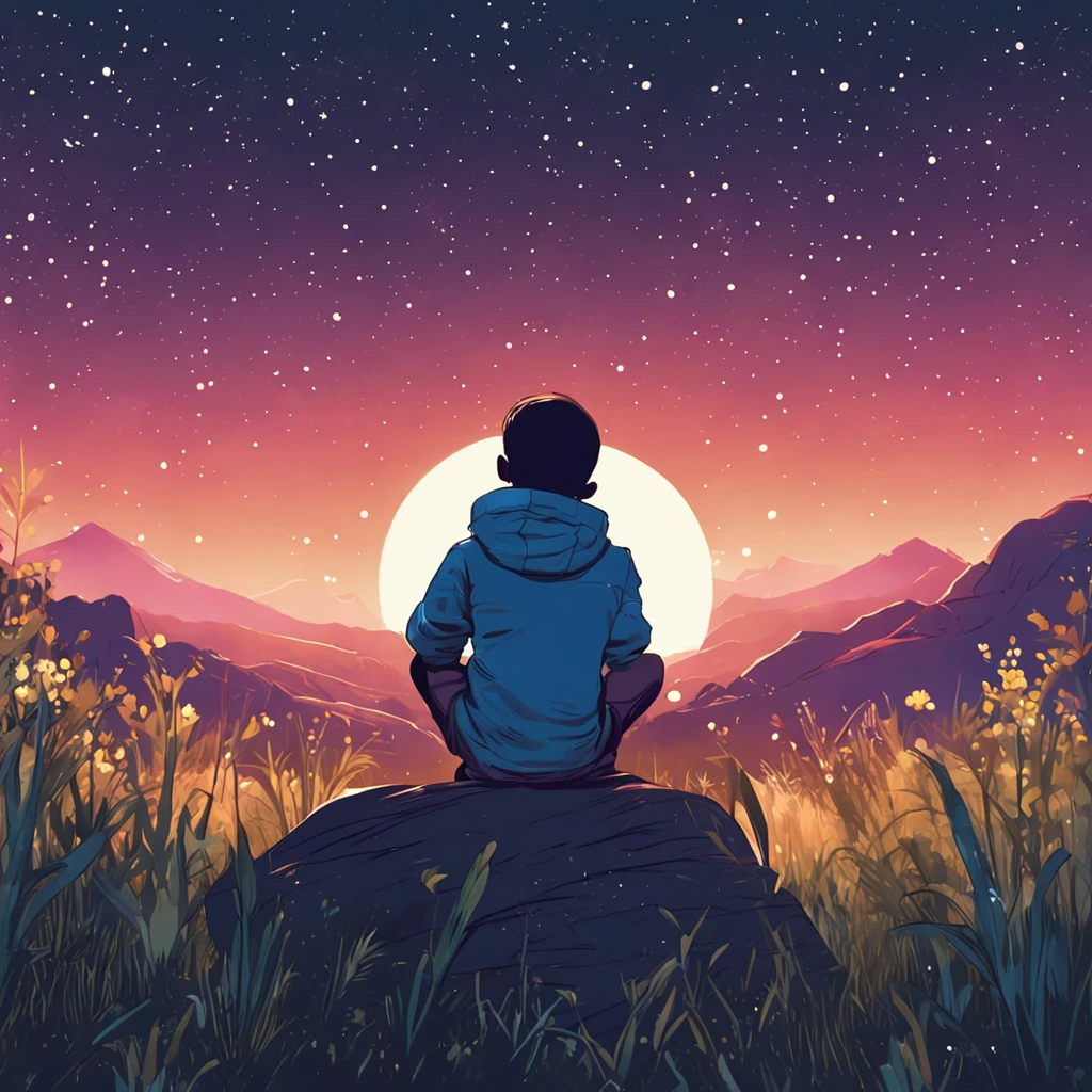 A boy under the stars Sitting on the grass with his back No face Looking at the universe The sky is full of stars Short hair Blue casual clothes Characters account for less than a quarter