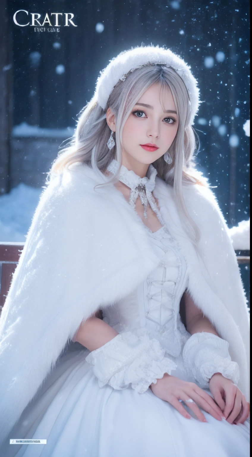 (8K,Photorealistic, high resolution,tmasterpiece), 1 Women, Solo, (ta costume,Gorgeous costumes),Face the audience,The upper part of the body,upper legs, beautidful eyes, White hair, ringed eyes, (outside,Heavy snowfall,Thick fur cape,Cover with snow),snowfield,Blue eyes,ssmile,Squat and sit,Illustrations of the highest quality,A meticulous face,Castle,
