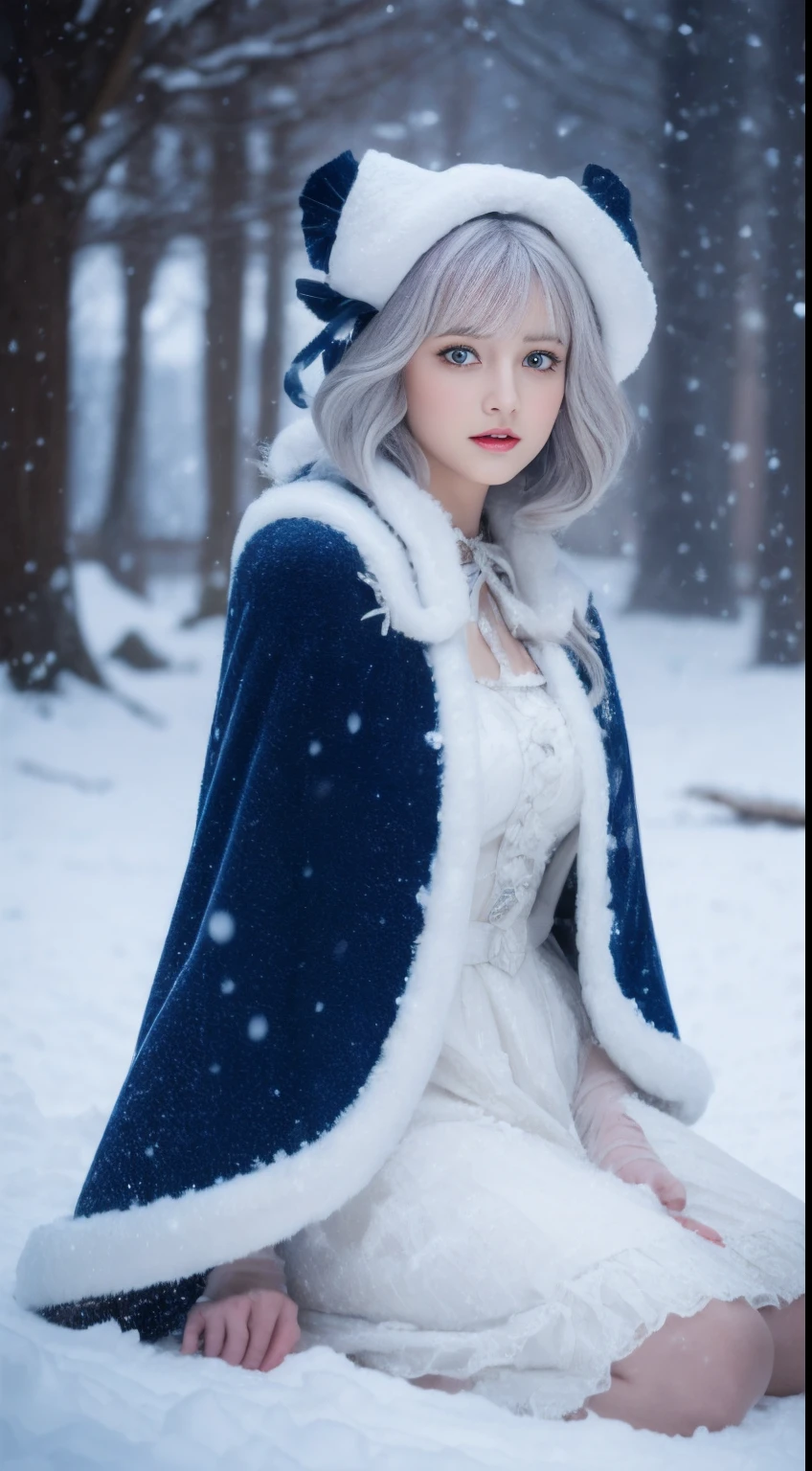 (8K,Photorealistic, high resolution,tmasterpiece), 1 Women, Solo, (Lolita costume,Gorgeous costumes),Face the audience,The upper part of the body,upper legs, beautidful eyes, White hair, ringed eyes, (outside,Heavy snowfall,Thick fur cape,Cover with snow),snowfield,Blue eyes,ssmile,Squat and sit,Illustrations of the highest quality,A meticulous face,Castle,
