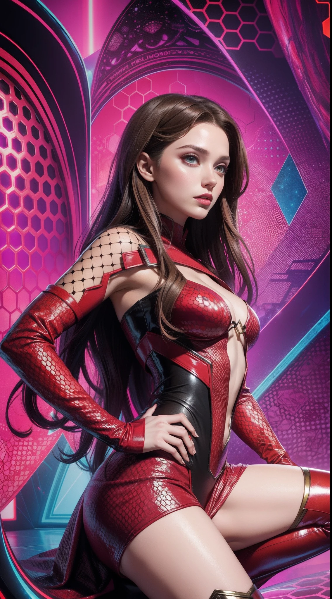 Scarlet Witch from Marvel Comics, Masterpiece, Best Quality, abstract, Psychedelic, Neon, (honeycomb pattern), (creative:1.3), Sy3, SMM, fantasy00d