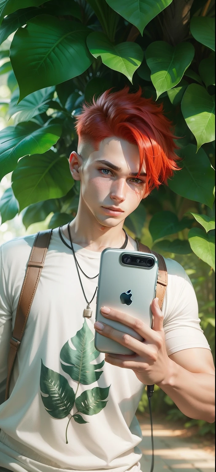Boy with Phone futuristic leaf background realistic face, Red Hair ultra high quality HD