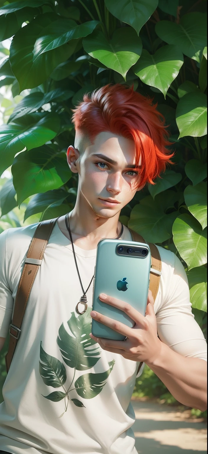 Boy with Phone futuristic leaf background realistic face, Red Hair ultra high quality HD