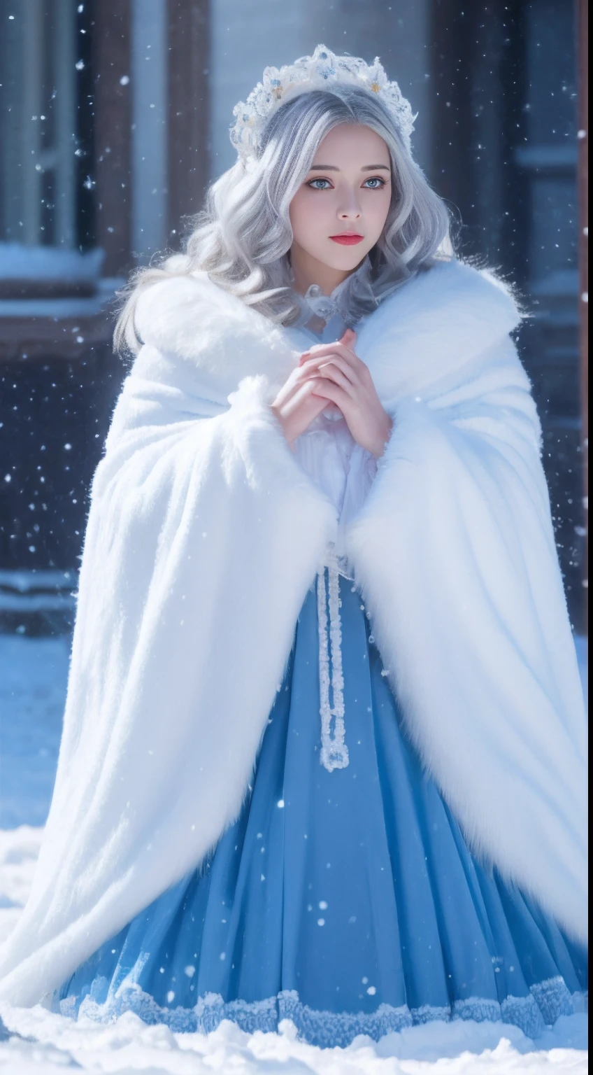 (8K,Photorealistic, high resolution,tmasterpiece), 1 Women, Solo, (Lolita costume,Gorgeous costumes),Face the audience,The upper part of the body,upper legs, beautidful eyes, White hair, ringed eyes, (outside,Heavy snowfall,Thick fur cape,Cover with snow),snowfield,Blue eyes,ssmile,Squat and sit,Illustrations of the highest quality,A meticulous face,Castle,