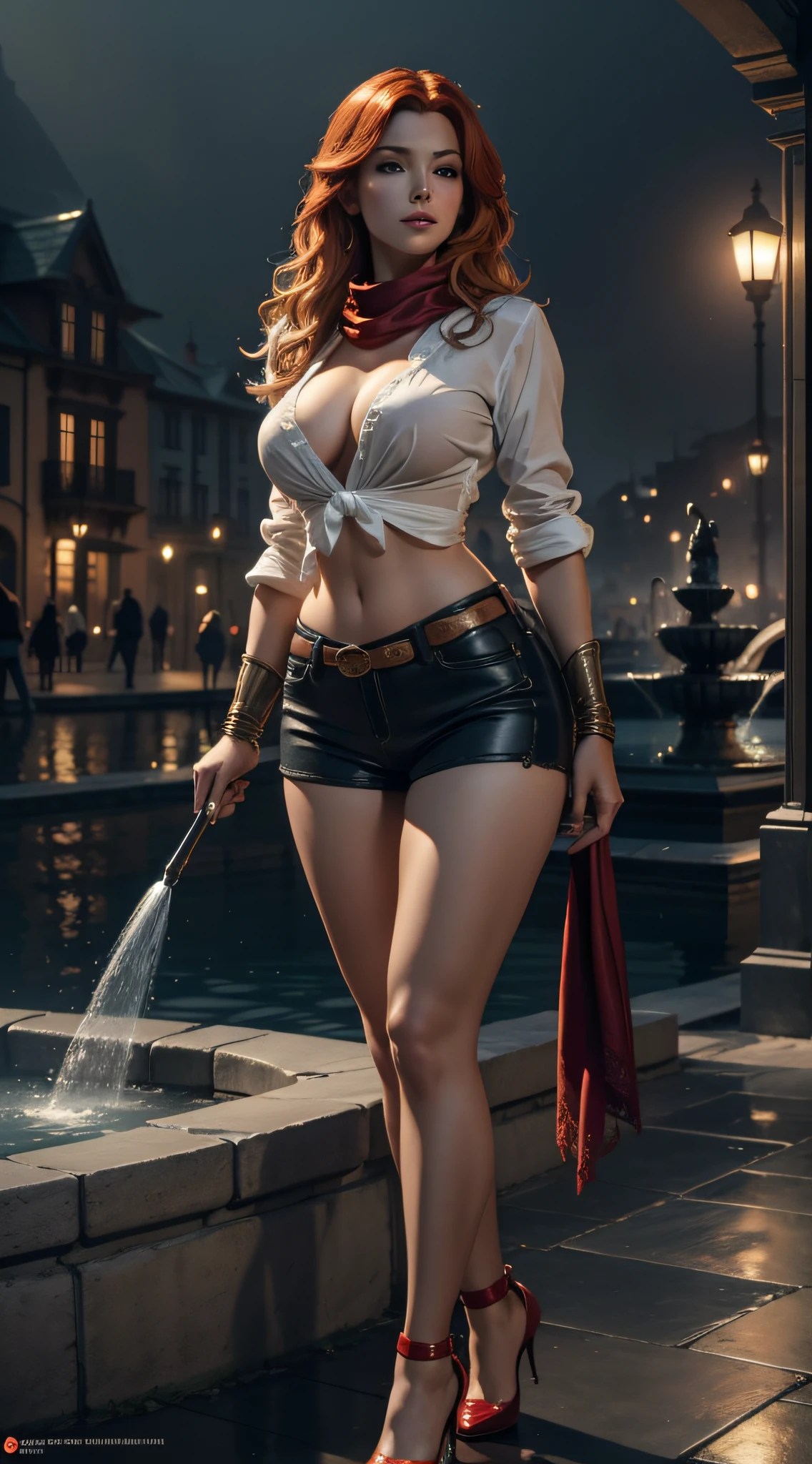((8k, Masterpiece)) NSFW, araffe woman, big breasts, long legs, in her shorts, very short jeans fitted on her broad and voluptuous hips, wearing a red silk shirt with a deep neckline,  wearing red shoes with high heels, wearing a white scarf around her neck,sharpen face, sharpen picture, enhanced definition of edges in the picture, enhanced colors of the picture, a gorgeous 25 years old woman with wavy blonde hair, walking seductively near an artesian fountain, bent over,she lifts her skirt, shows her lace white panties, in fantasy night city lights, after the rain, foggy coloful sci-fi background, inspired by Dali, 8k high quality detailed art, by Dali, 8 k sensual lighting, triss merigold cosplay, stunning cgsociety, deviantart artstation cgscosiety, pinup art, [ trending on cgsociety ]!!