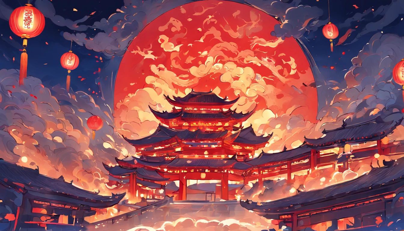 Mid-Autumn Festival,Moon cake, Auspicious clouds, Red lanterns, Exquisite ancient Chinese architecture, The background is a round of moon, With vector line illustration, amarelo、Red and dark blue tones, Abstract picture, surrealism, Clear background trends, clear contour light, Edge light, fantasy, Dappled light, Flat illustration,Disney style, 8K, --AR 9:16 --q 2 --niji 5