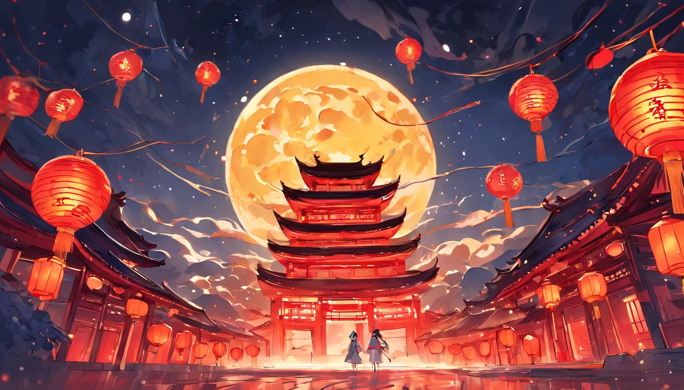 Mid-Autumn Festival，Moon cake， Auspicious clouds, Red lanterns, Exquisite ancient Chinese architecture, The background is a round of moon, With vector line illustration, amarelo、Red and dark blue tones, Abstract picture, surrealism, Clear background trends, clear contour light, Edge light, fantasy, Dappled light, Flat illustration,Disney style, 8K, --AR 9:16 --q 2 --niji 5