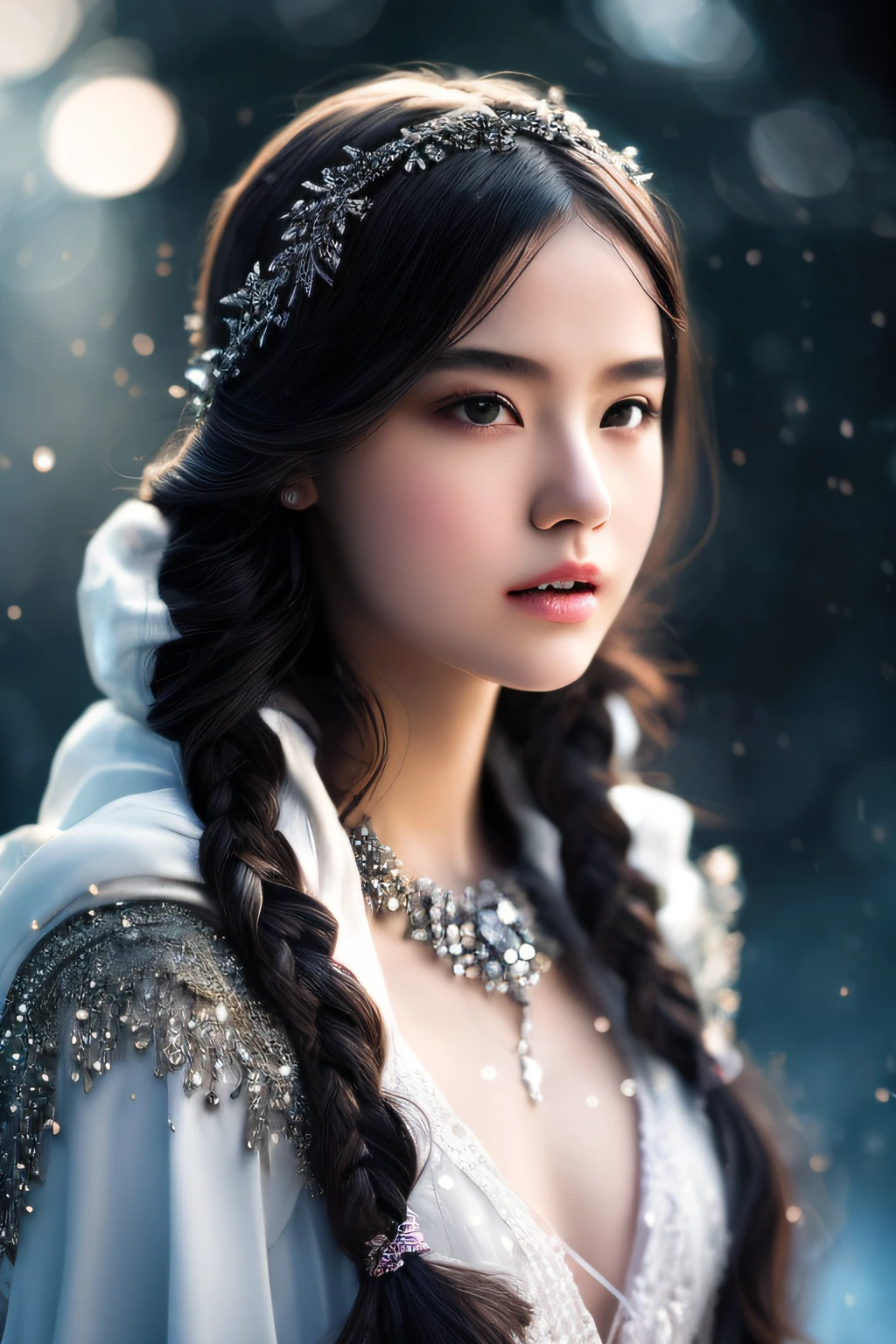 graceful fragile tender young girl  under the snow in white cloak with hood and whitesnow long skirt, black hair, big dreaming detailed eyes, white skin, in motion, glare from the sun hit the camera, watercolor, soft light, sunny morning, realistic manhwa style, threads with crystal and glass beads and silver threads are woven into two braids, silver diadema and bracelets, 5 fingers per hand, ultra-detailed, sparkles white now, optic glare, sunbeam, reflection in the air, sun glare, glare from sunbeams, drifting snow, bokeh, soft light, shining lights, 3D, Octane Render, high detailed, intricate details, perfect composition, beautiful detailed intricate insanely detailed octane render trending on artstation, the song of freedom, freedom, watercolor art, mystery snow space nature, white mountains in the distance, many details, sharp focus, dark fantasy, fantasy, magic, manhwa style, gray fog, many glowing mysterious lights, a milky veil from behind, tension, filigree, dynamic lighting, lights, digital painting, intricated pose, highly detailed, cute, filigree, intricated, best quality by konstantin razumov, Jean Baptiste Monge, golden ratio, art, book illustration, Broken Glass effect, no background, stunning, something that even doesn't exist, mythical being, energy, molecular, textures, iridescent and luminescent scales, breathtaking beauty, pure perfection, divine presence, unforgettable, impressive, breathtaking beauty, Volumetric light, auras, rays, vivid colors reflects