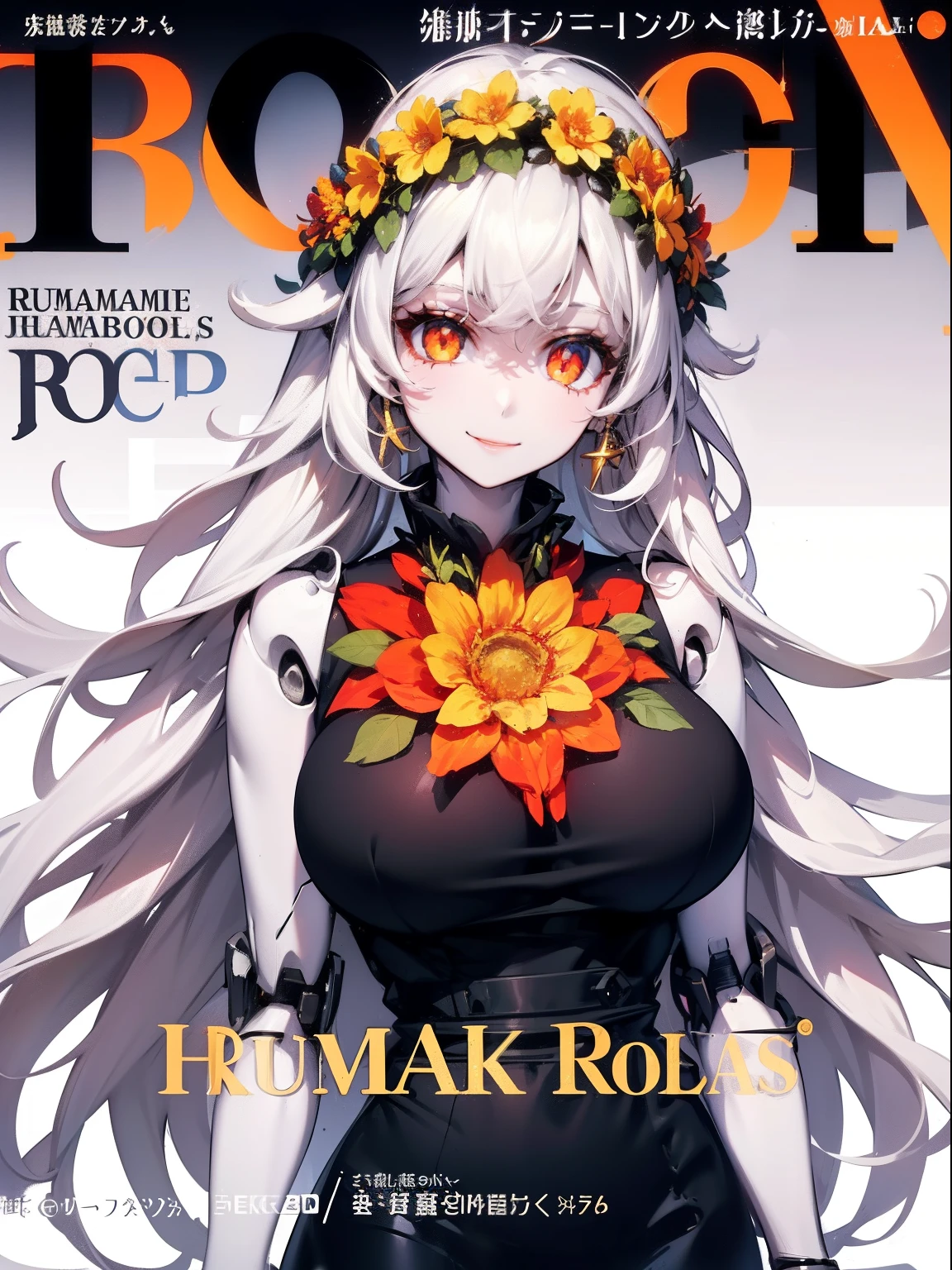 1girl,solo focus, robot girl, humanoid robot,robot joints,orange eyes,white hair,long hair, (colored skin),huge breasts,head wreath, jewelry, black dress, gold trim, sleeveles,upper body,looking at viewer,magazine cover,smile,(flower in hand),holding flower