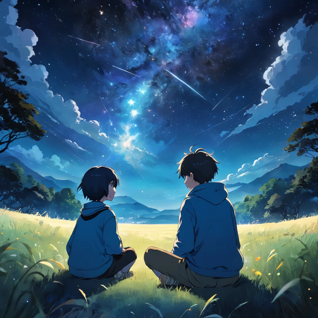 A boy under the stars Sitting on the grass with his back No face Looking at the universe The sky is full of stars Short hair Blue casual clothes Characters account for less than a quarter