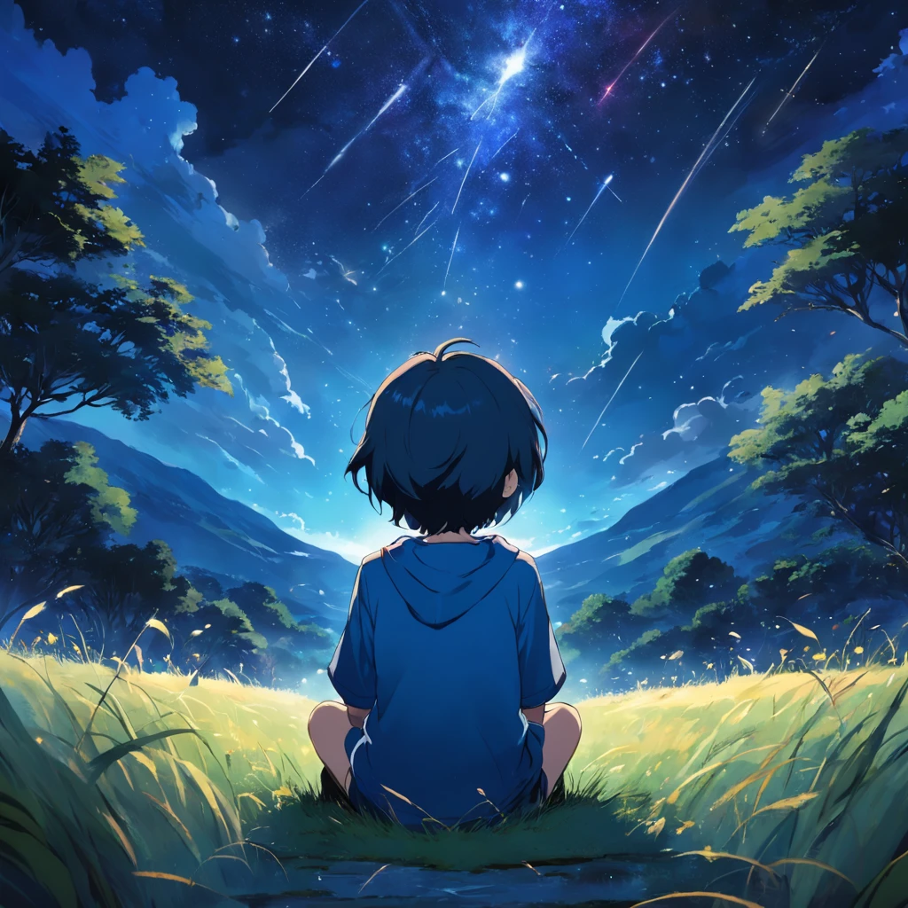 A boy under the stars Sitting on the grass with his back No face Looking at the universe The sky is full of stars Short hair Blue casual clothes Characters account for less than a quarter
