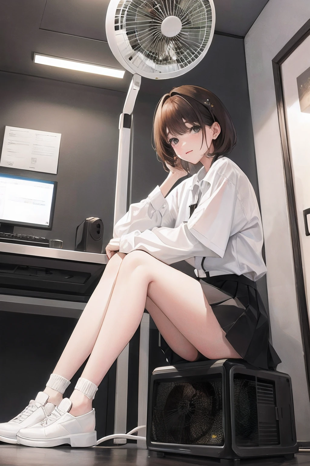 (18 years old girls,Wear a white shirt,Black pleated skirt,Black silk knee-length stockings,Beautiful and delicate face,Happy expression,Short brown hair:1.5),
(Came over holding an electric fan:1.8)
(The background is inside an Internet café that is open:1.5)
(full body shot shot:1.5)