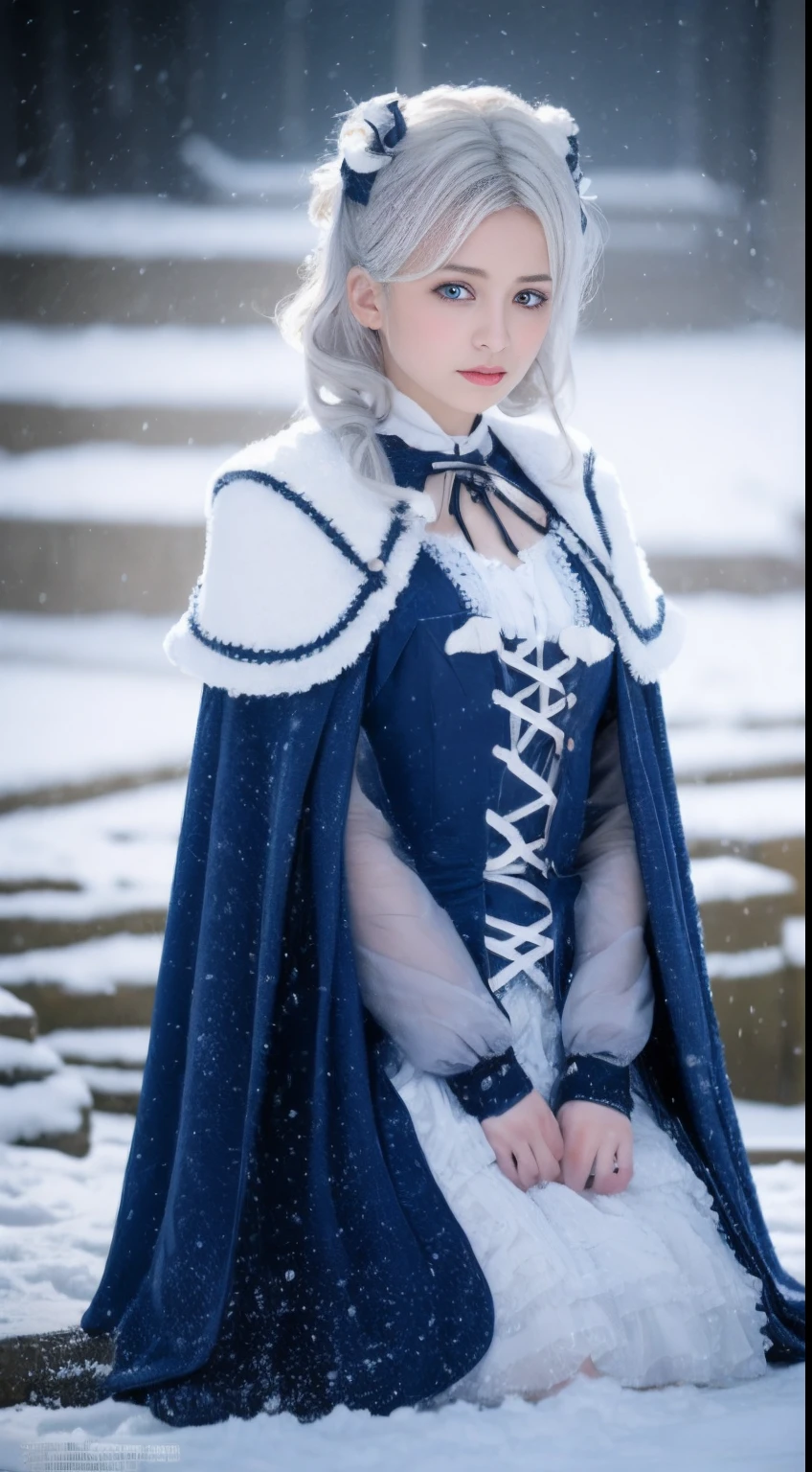 (8k，Photorealistic, high resolution,tmasterpiece)， 1 Women, Solo, (Lolita costume)，Gorgeous costumes，Face the audience，The upper part of the body，upper legs， beautidful eyes, White hair, ringed eyes, (outside，Heavy snowfall，Cloak，Cover with snow)，snowfield，Blue eyes，Squat and sit，Illustrations of the highest quality，A meticulous face，Castle，