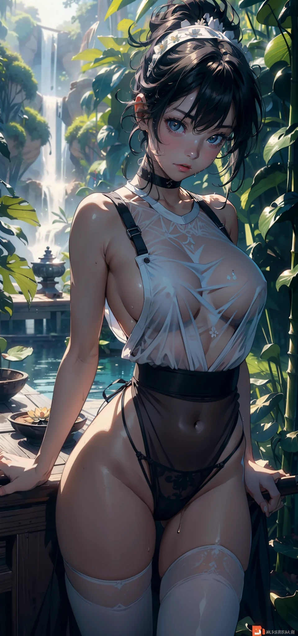 1female,age 5,bit girl,,Bigchest ,Pornographic exposure, 独奏,(Background with:bamboo forrest,lotuses,lotus flower,exteriors,) She has short black hair,bobo head,Sweat profusely,drenched all over the body,seen from the front, hair straight, mostly cloudy sky,(((tmasterpiece),(Very detailed CG unity 8K wallpaper),best qualtiy,cinmatic lighting,detailed back ground,beatiful detailed eyes,Bright pupils,Black eyes,(Very fine and beautiful),(Beautiful and detailed eye description),ultra - detailed,tmasterpiece,)),facing at camera,A high resolution,ultra - detailed),,revealing breasts,Bare genitalia, Bulge,legs are open,Raised sexy,Camel toes,Flushed complexion,Open-mouthed,frontage,White floral headband,elementary student(Wearing:Black sexy transparent apron,fullnude,with no underpants,)
