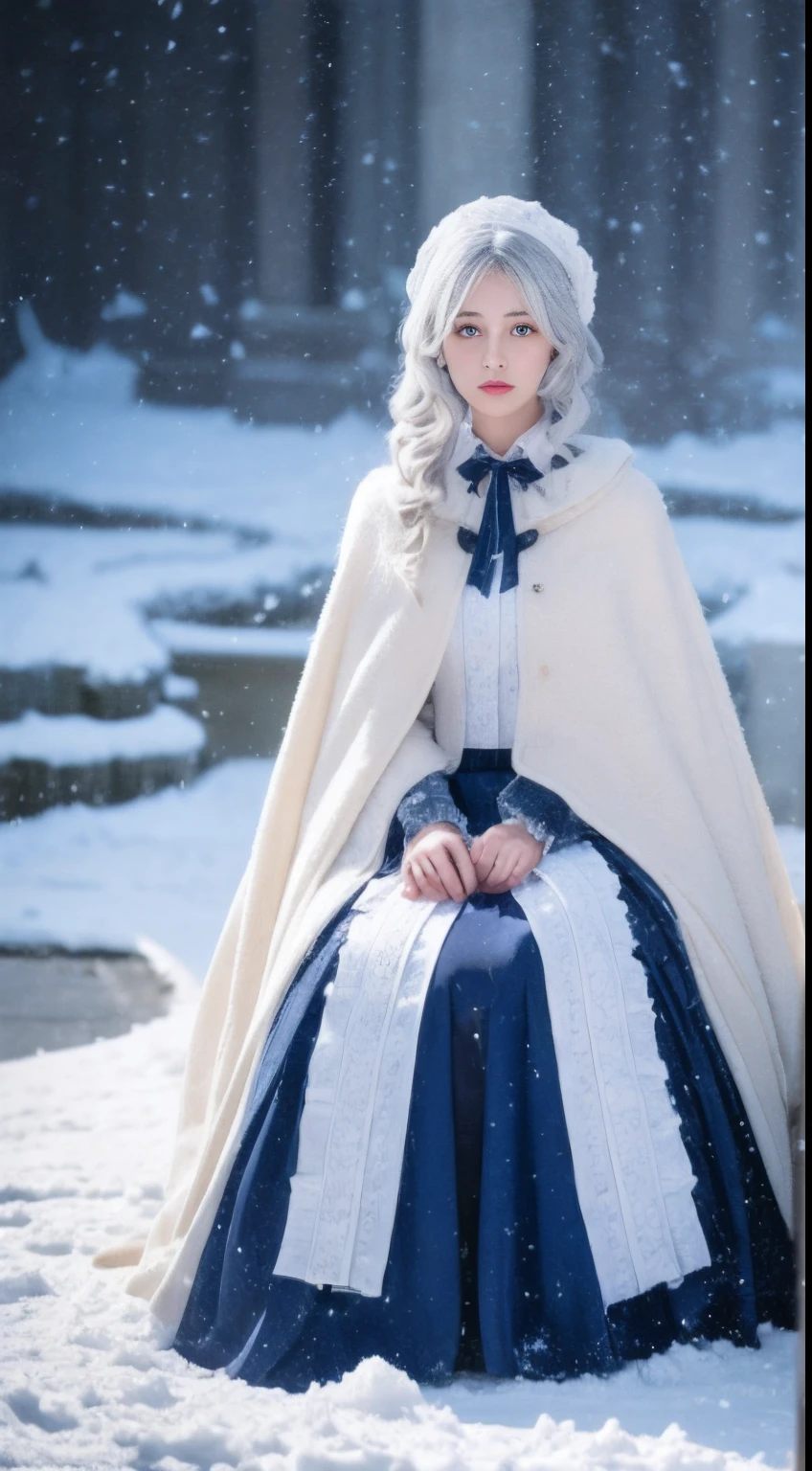 (8k，Photorealistic, high resolution,tmasterpiece)， 1 Women, Solo, (Lolita costume)，Gorgeous costumes，Face the audience，The upper part of the body，upper legs， beautidful eyes, White hair, ringed eyes, (outside，Heavy snowfall，Cloak，Cover with snow)，snowfield，Blue eyes，Squat and sit，Illustrations of the highest quality，A meticulous face，Castle，