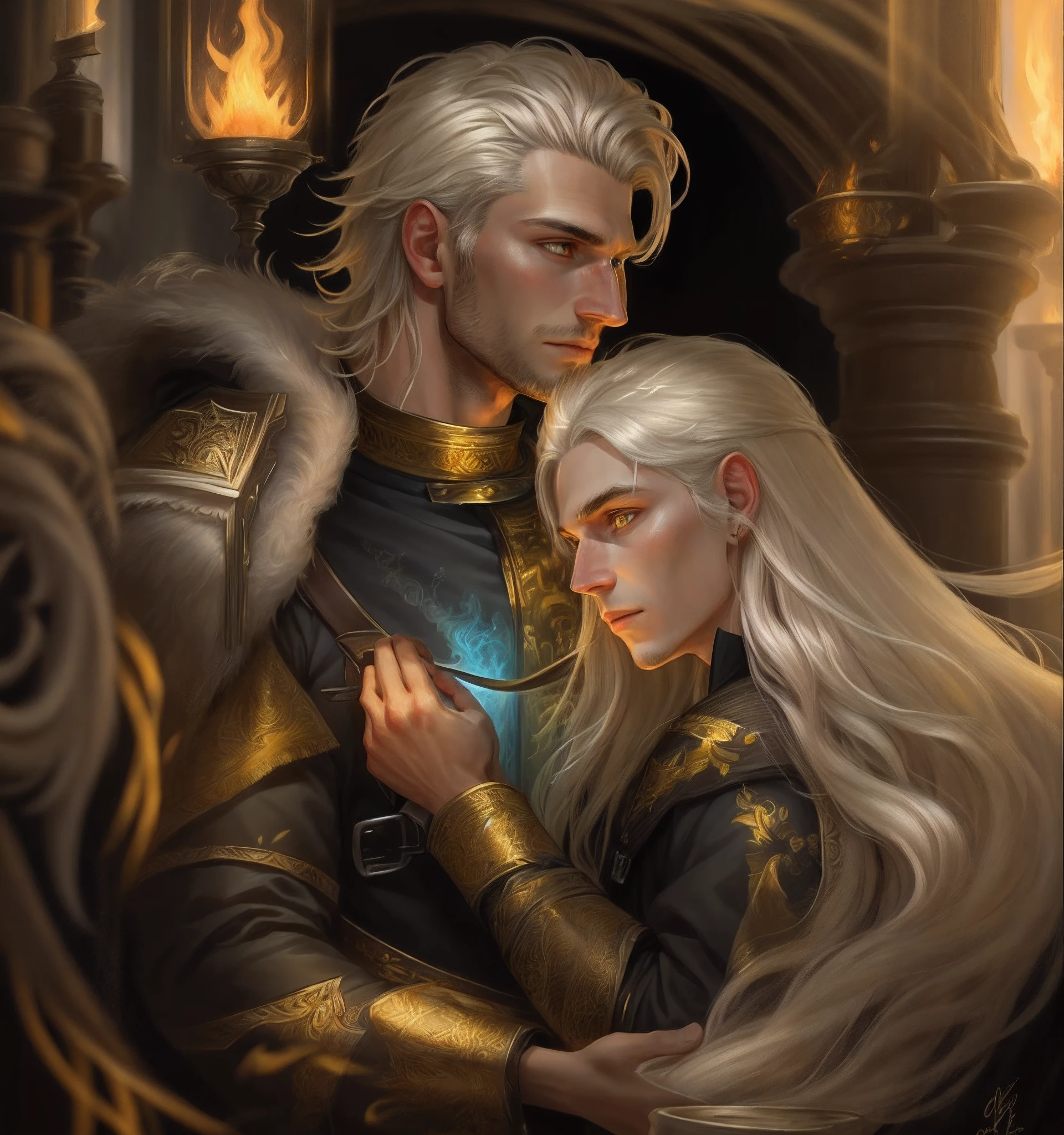 Clarity, detail, realism, fantasy, illustration, portrait, man 27 years old, light ash hair, yellow eyes, light, unshaven, fire, 8k