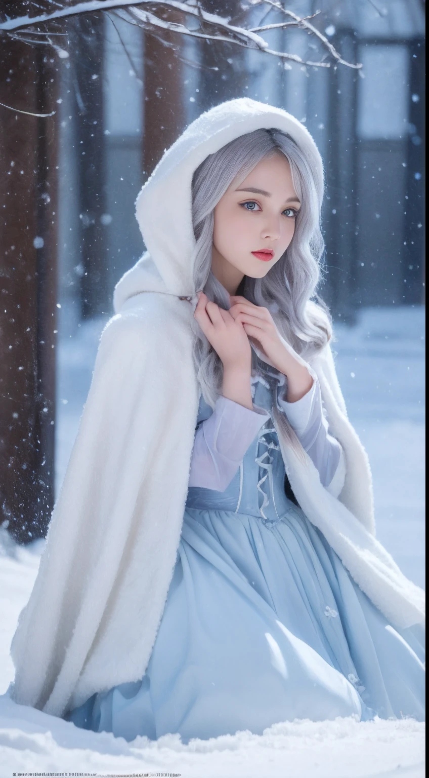 (8k,Photorealistic, high resolution,tmasterpiece), 1 Women, Solo, (ta costume),Gorgeous costumes,Face the audience,The upper part of the body,upper legs, beautidful eyes, White hair, ringed eyes, (outside,Heavy snowfall,Cloak,Cover with snow),snowfield,Blue eyes,Squat and sit,Illustrations of the highest quality,A meticulous face,Castle,