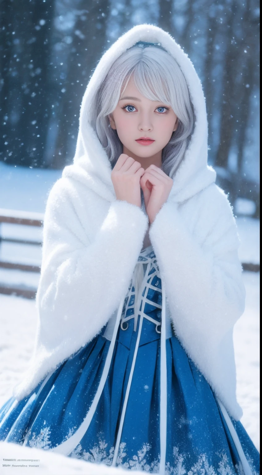 (8k,Photorealistic, high resolution,tmasterpiece), 1 Women, Solo, (Lolita costume),Gorgeous costumes,Face the audience,The upper part of the body,upper legs, beautidful eyes, White hair, ringed eyes, (outside,Heavy snowfall,Cloak,Cover with snow),snowfield,Blue eyes,Squat and sit,Illustrations of the highest quality,A meticulous face,Castle,